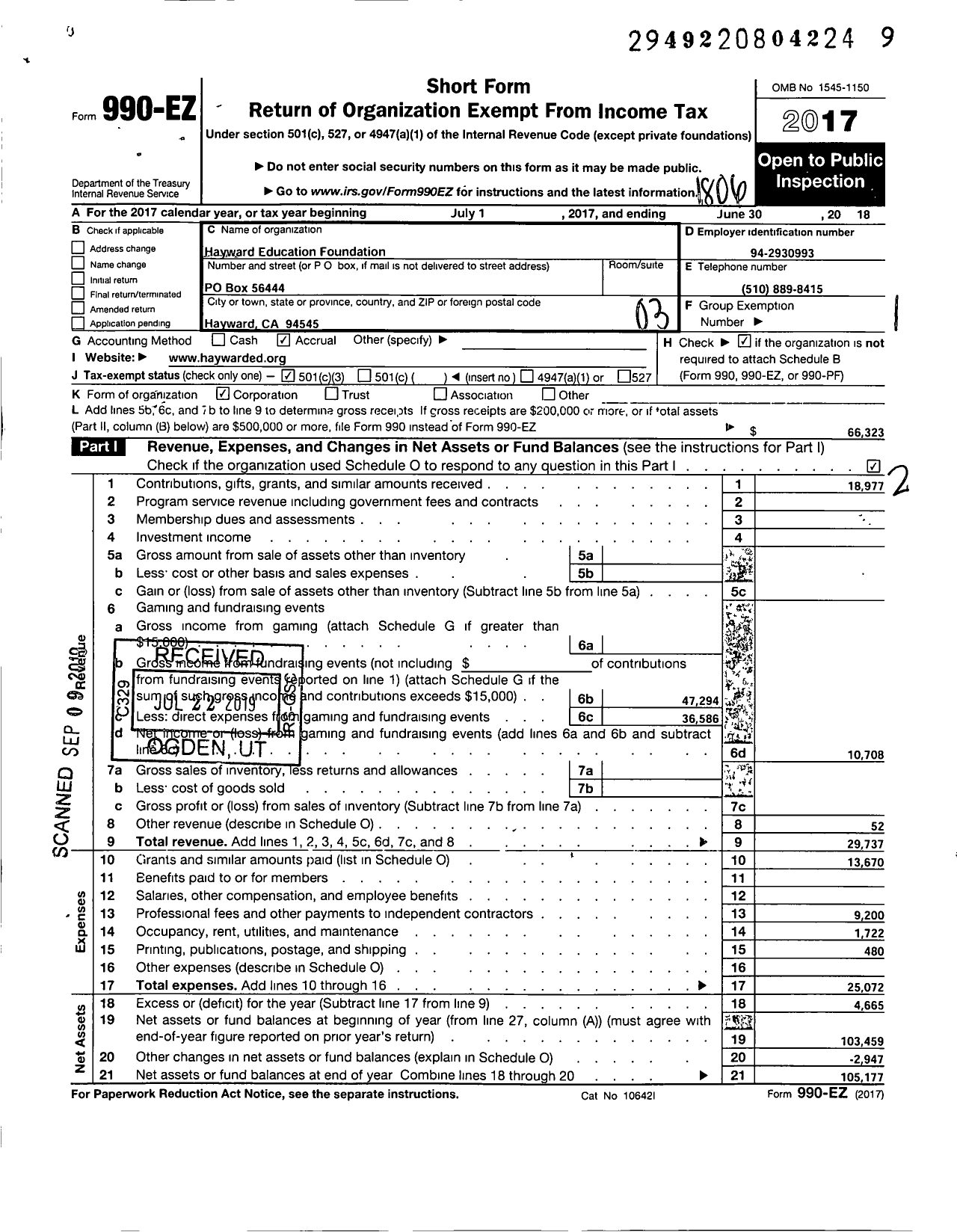 Image of first page of 2017 Form 990EZ for Hayward Education Foundation