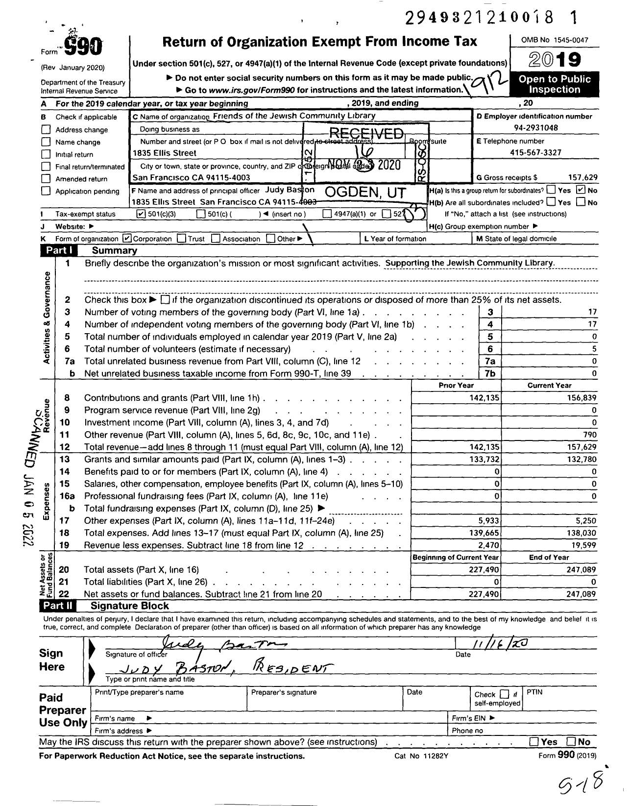Image of first page of 2019 Form 990 for Friends of the Jewish Community Library