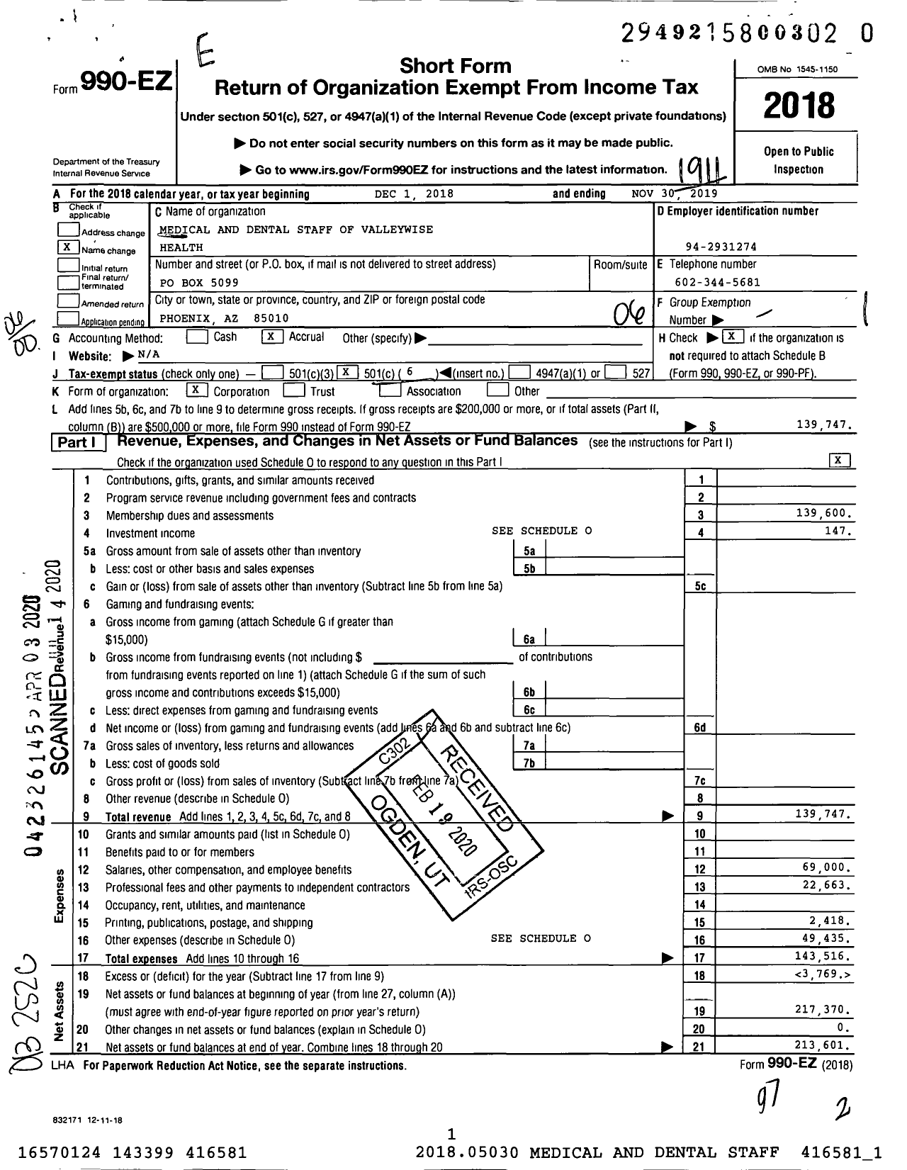 Image of first page of 2018 Form 990EO for Medical and Dental Staff of Valleywise Health