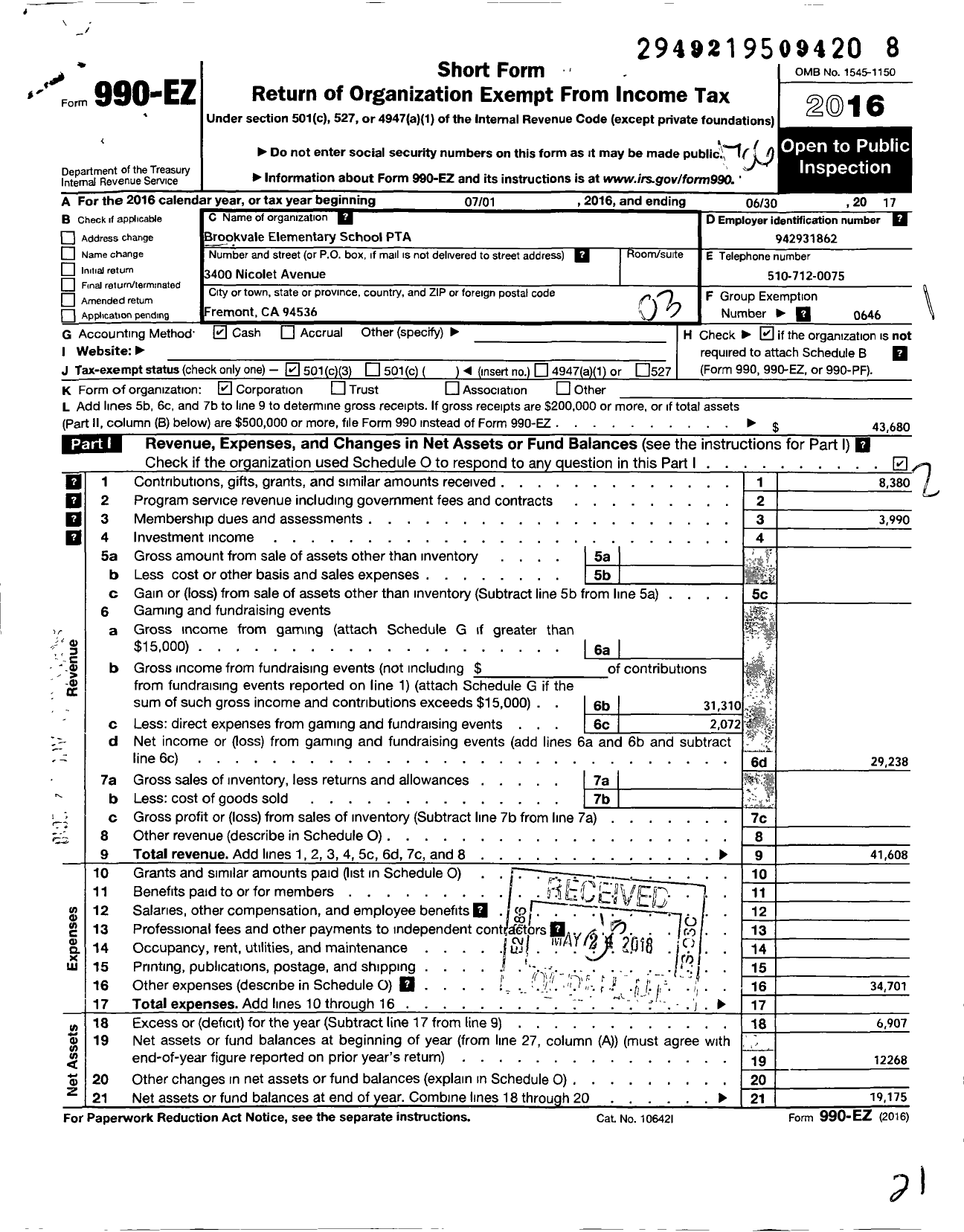 Image of first page of 2016 Form 990EZ for California State PTA - Brookvale Elementary PTA