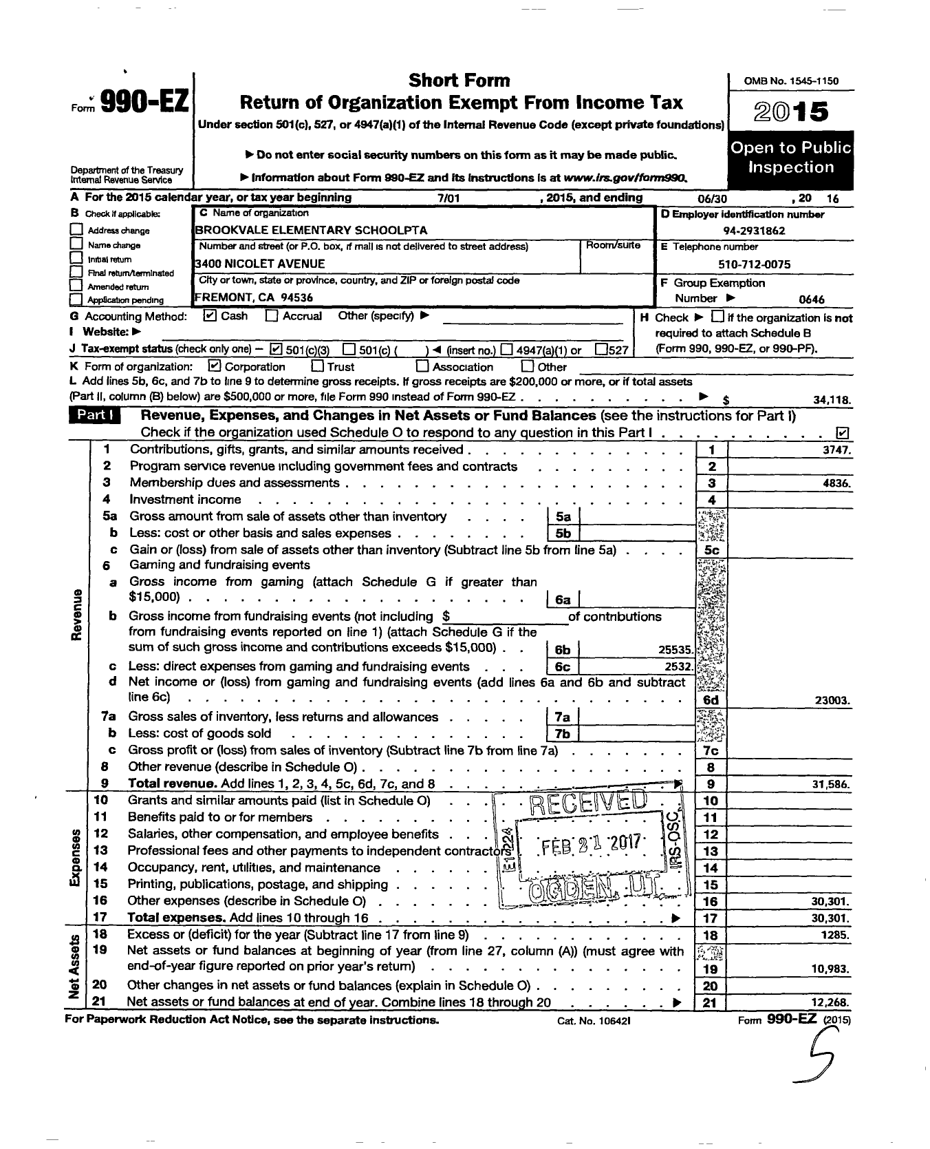 Image of first page of 2015 Form 990EZ for California State PTA - Brookvale Elementary PTA