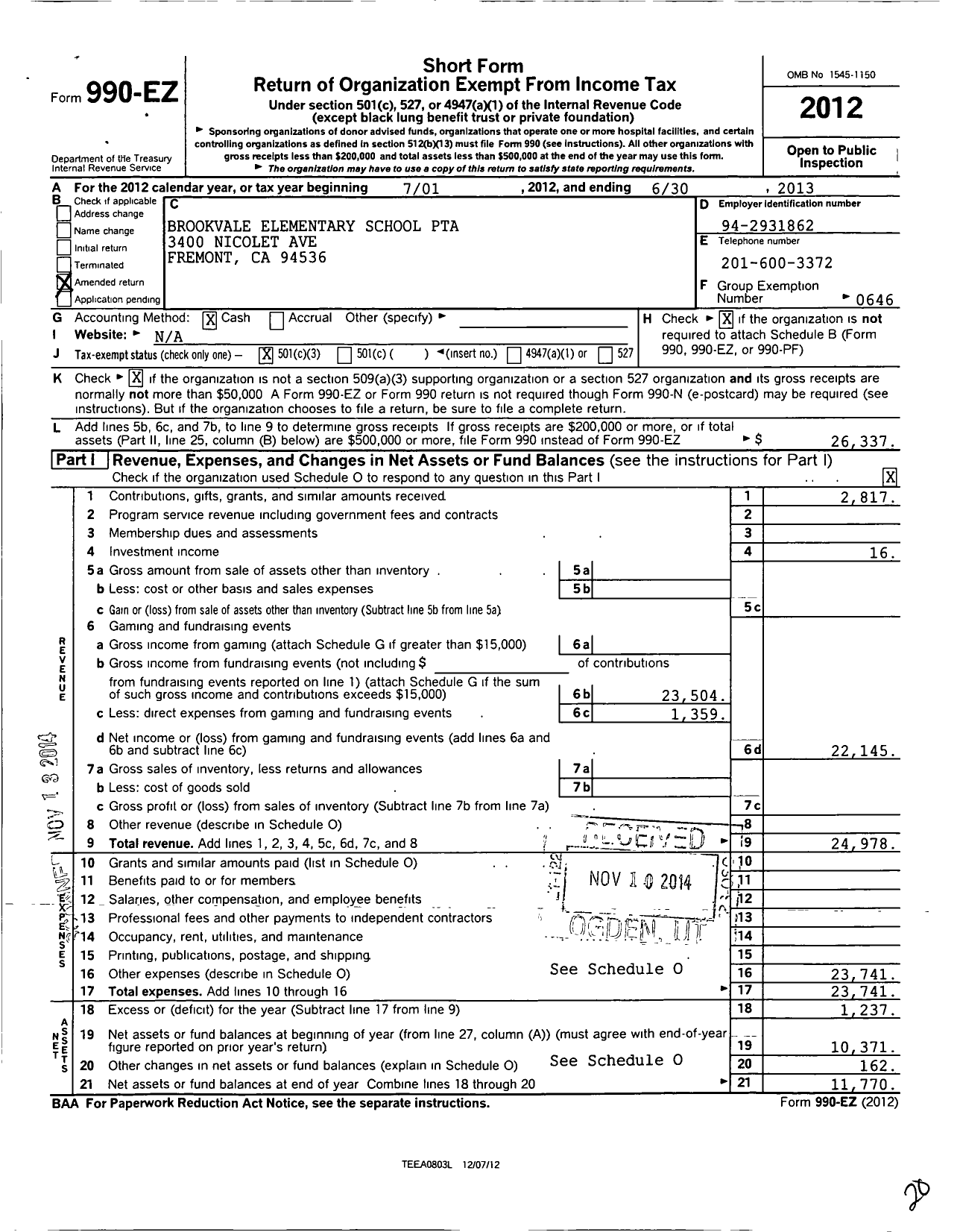 Image of first page of 2012 Form 990EZ for California State PTA - Brookvale Elementary PTA