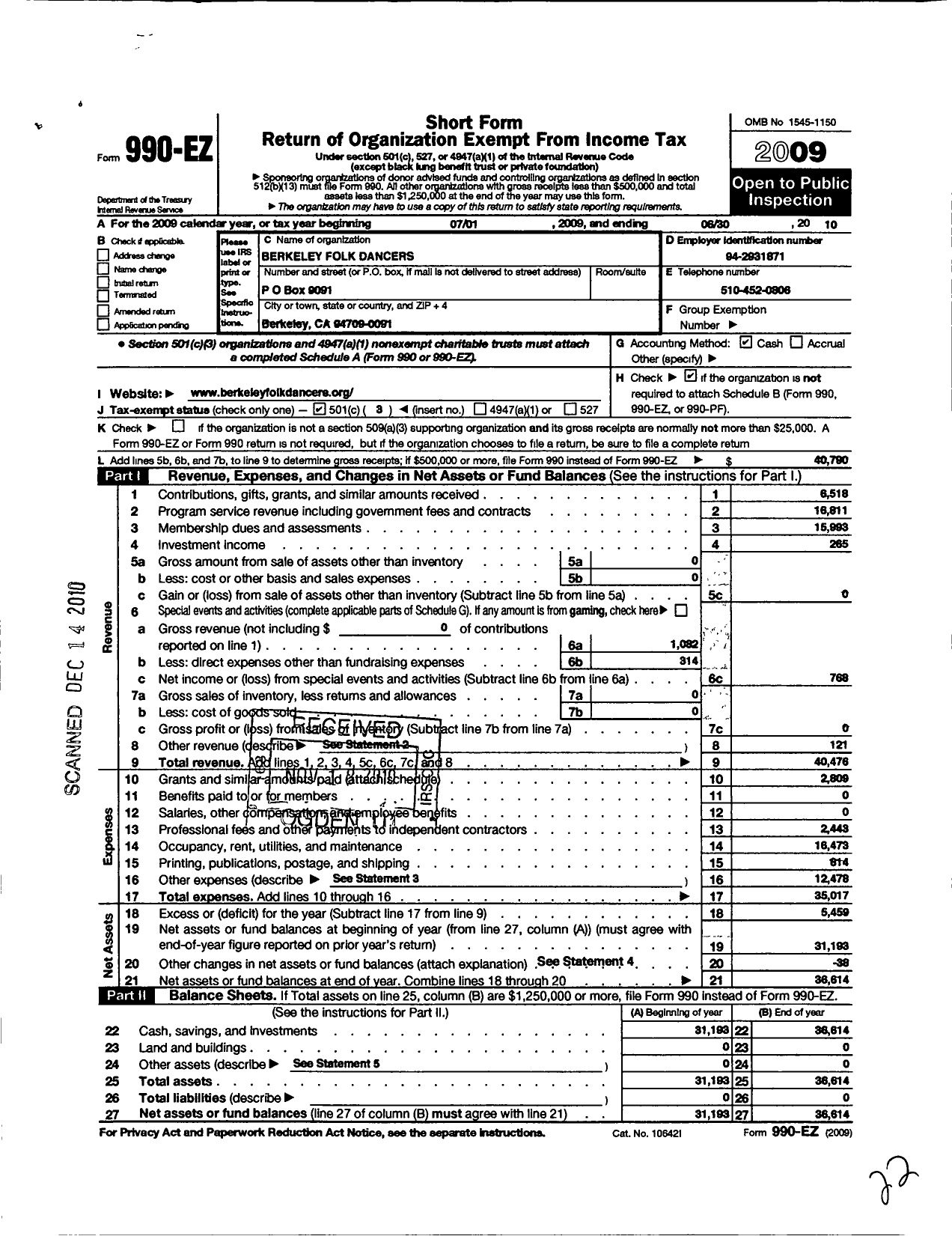 Image of first page of 2009 Form 990EZ for Berkeley Folk Dancers