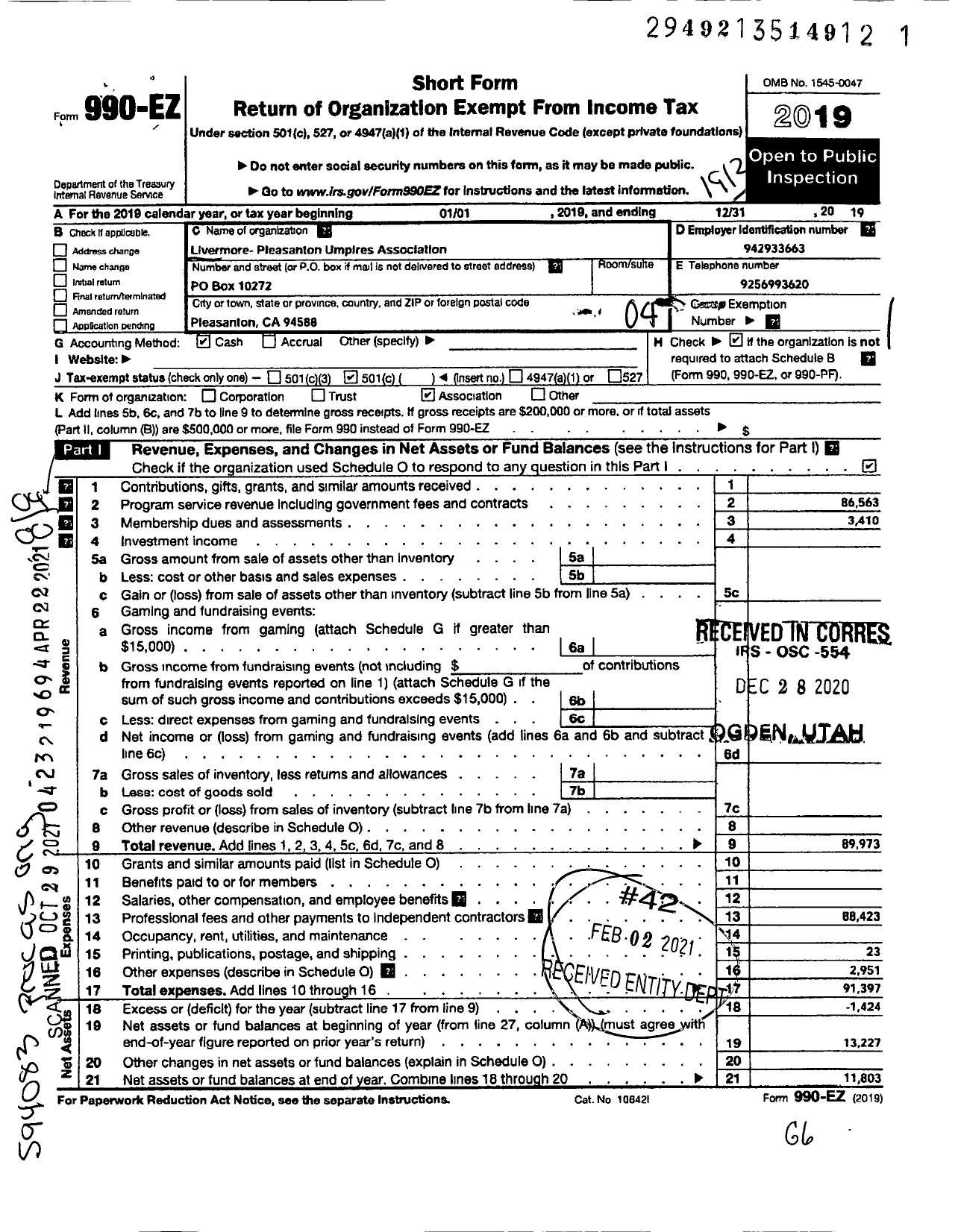 Image of first page of 2019 Form 990EO for Livermore-Pleasanton Umpires Association