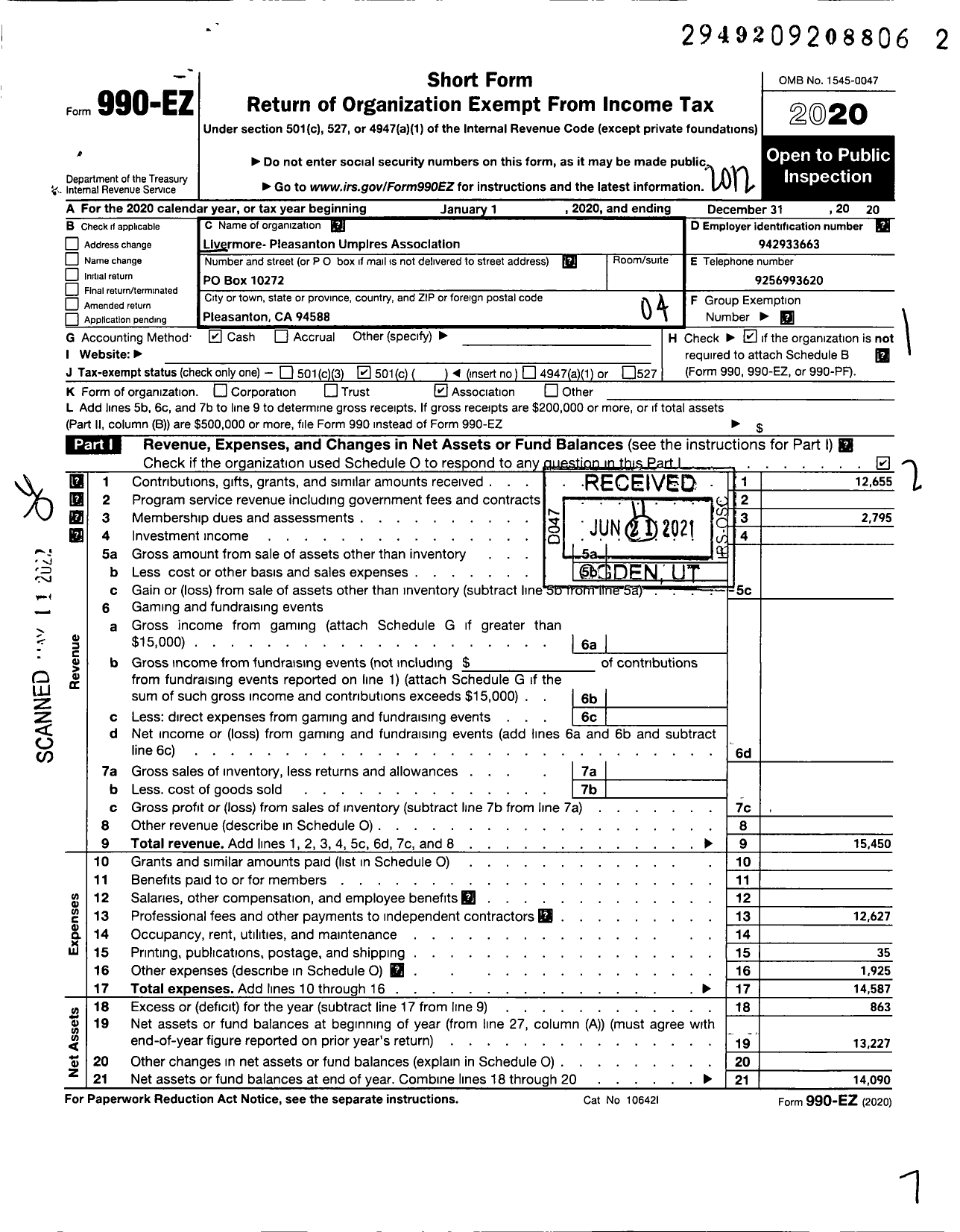 Image of first page of 2020 Form 990EO for Livermore-Pleasanton Umpires Association