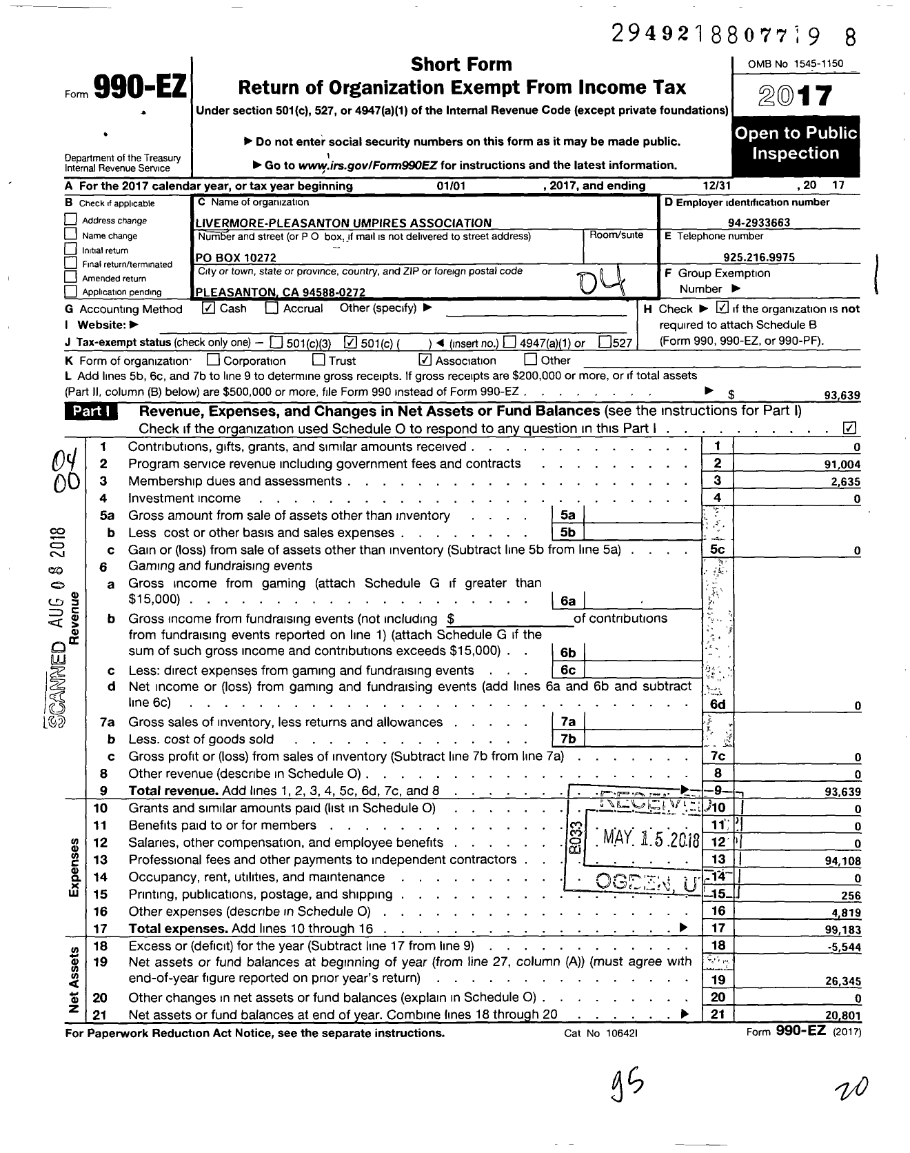 Image of first page of 2017 Form 990EO for Livermore-Pleasanton Umpires Association