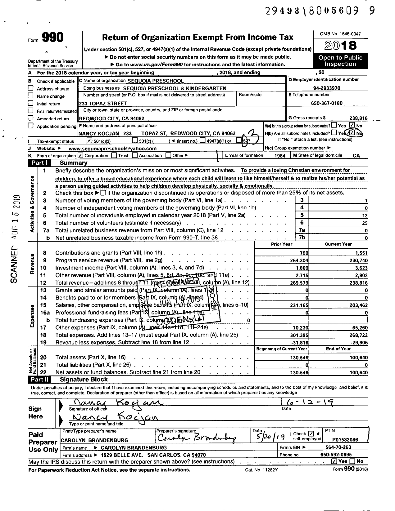 Image of first page of 2018 Form 990 for Sequoia Preschool Sequoia Preschool and Kindergarten