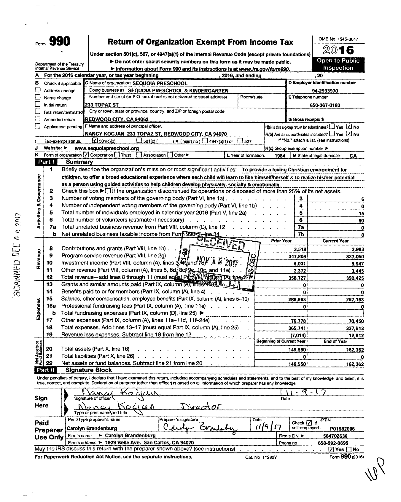 Image of first page of 2016 Form 990 for Sequoia Preschool Sequoia Preschool and Kindergarten