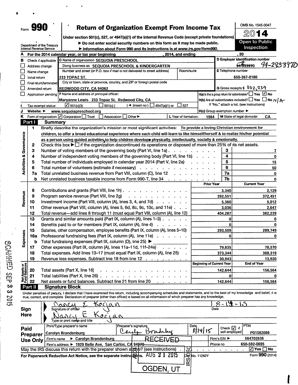 Image of first page of 2014 Form 990 for Sequoia Preschool Sequoia Preschool and Kindergarten