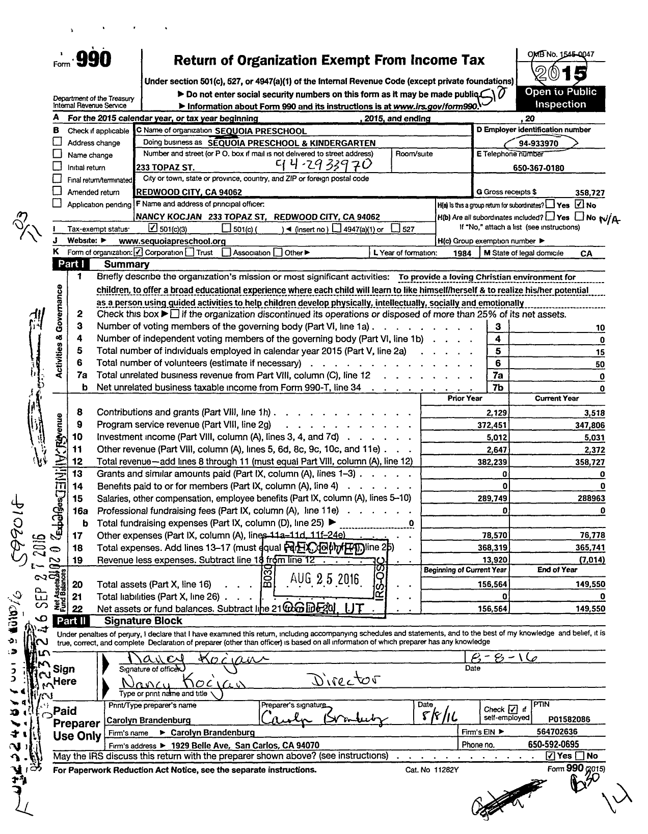 Image of first page of 2015 Form 990 for Sequoia Preschool Sequoia Preschool and Kindergarten