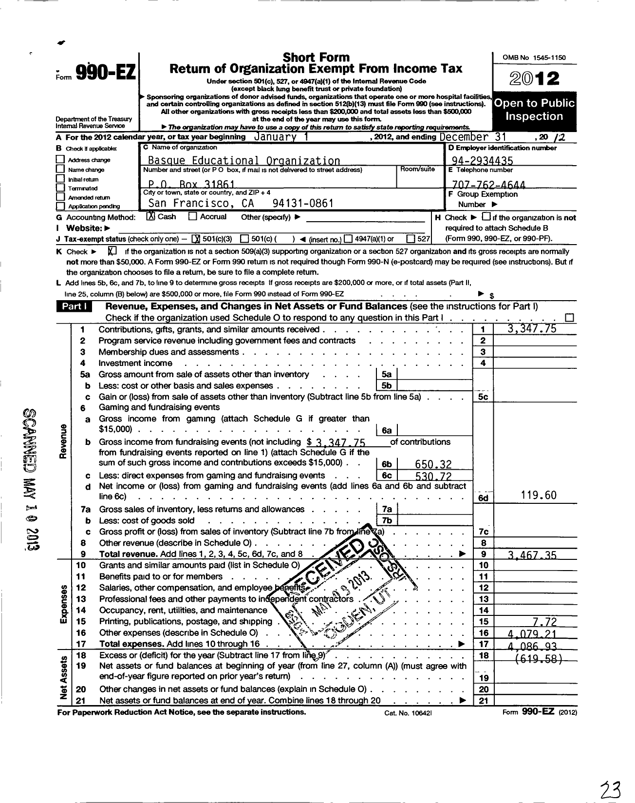 Image of first page of 2012 Form 990EZ for Basque Educational Organization