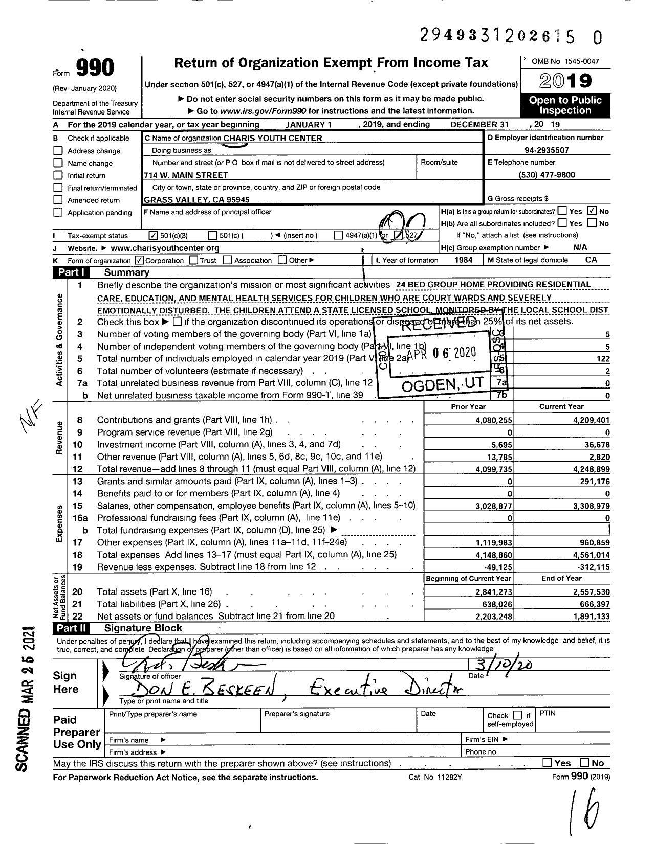 Image of first page of 2019 Form 990O for Charis Youth Center