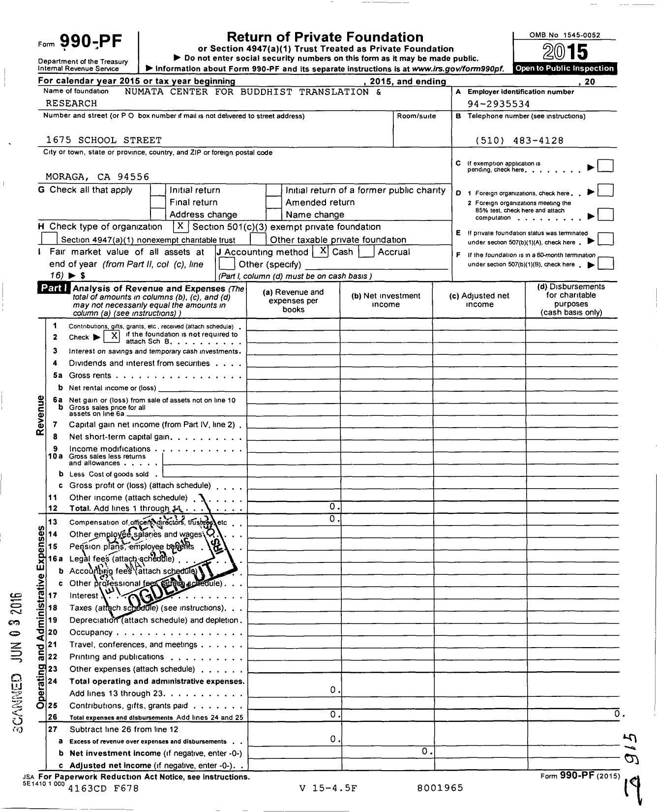 Image of first page of 2015 Form 990PF for Numata Center for Buddhist Translation and Research