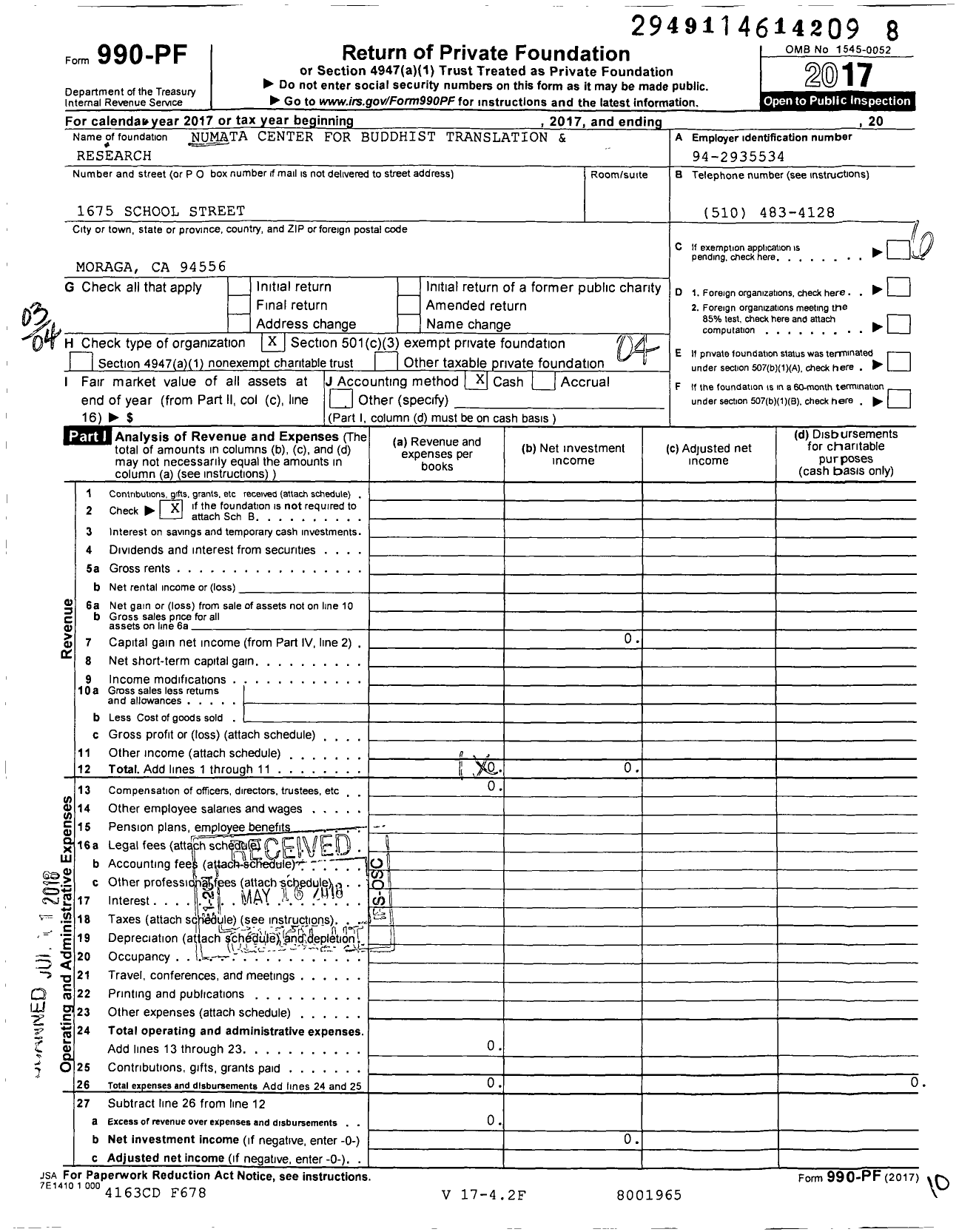 Image of first page of 2017 Form 990PF for Numata Center for Buddhist Translation and Research