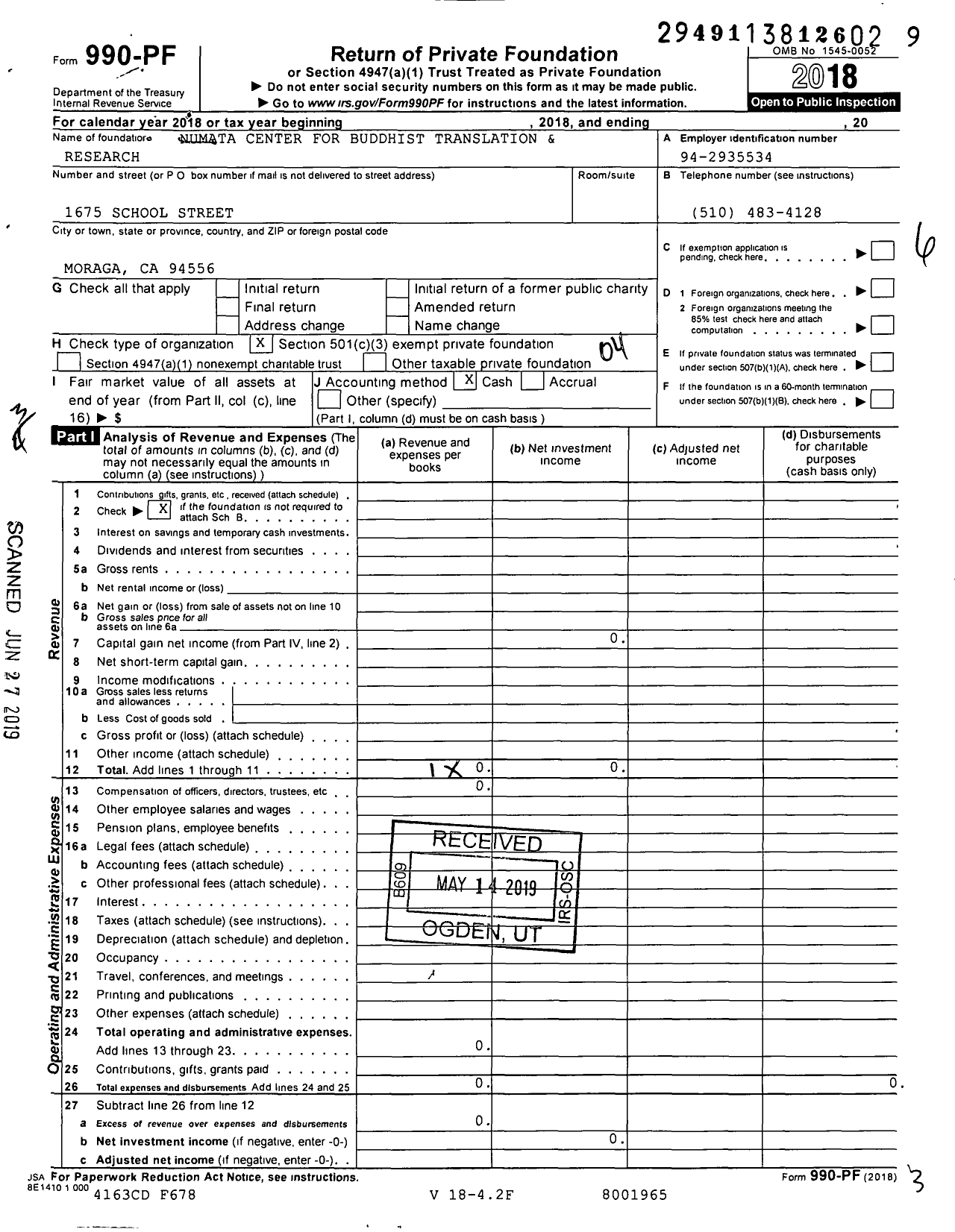 Image of first page of 2018 Form 990PF for Numata Center for Buddhist Translation and Research