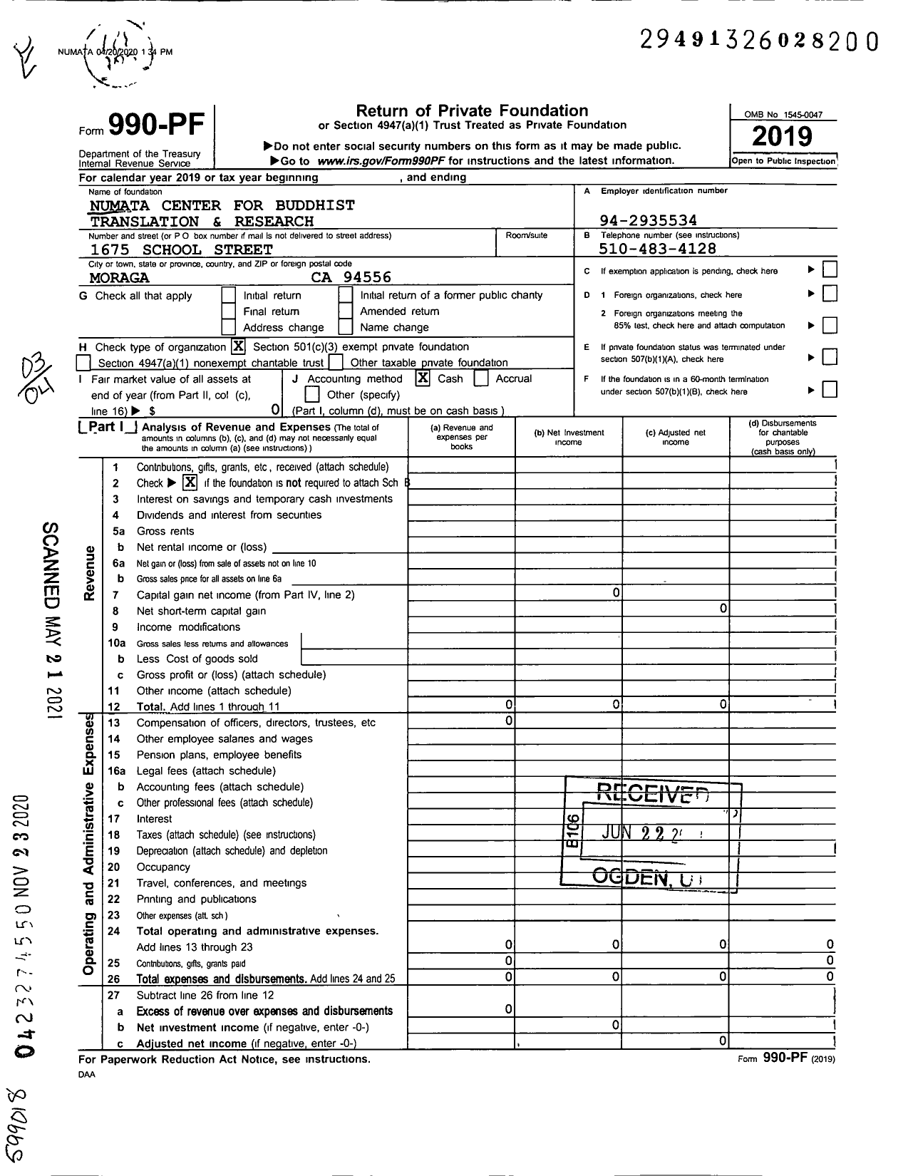 Image of first page of 2019 Form 990PF for Numata Center for Buddhist Translation and Research