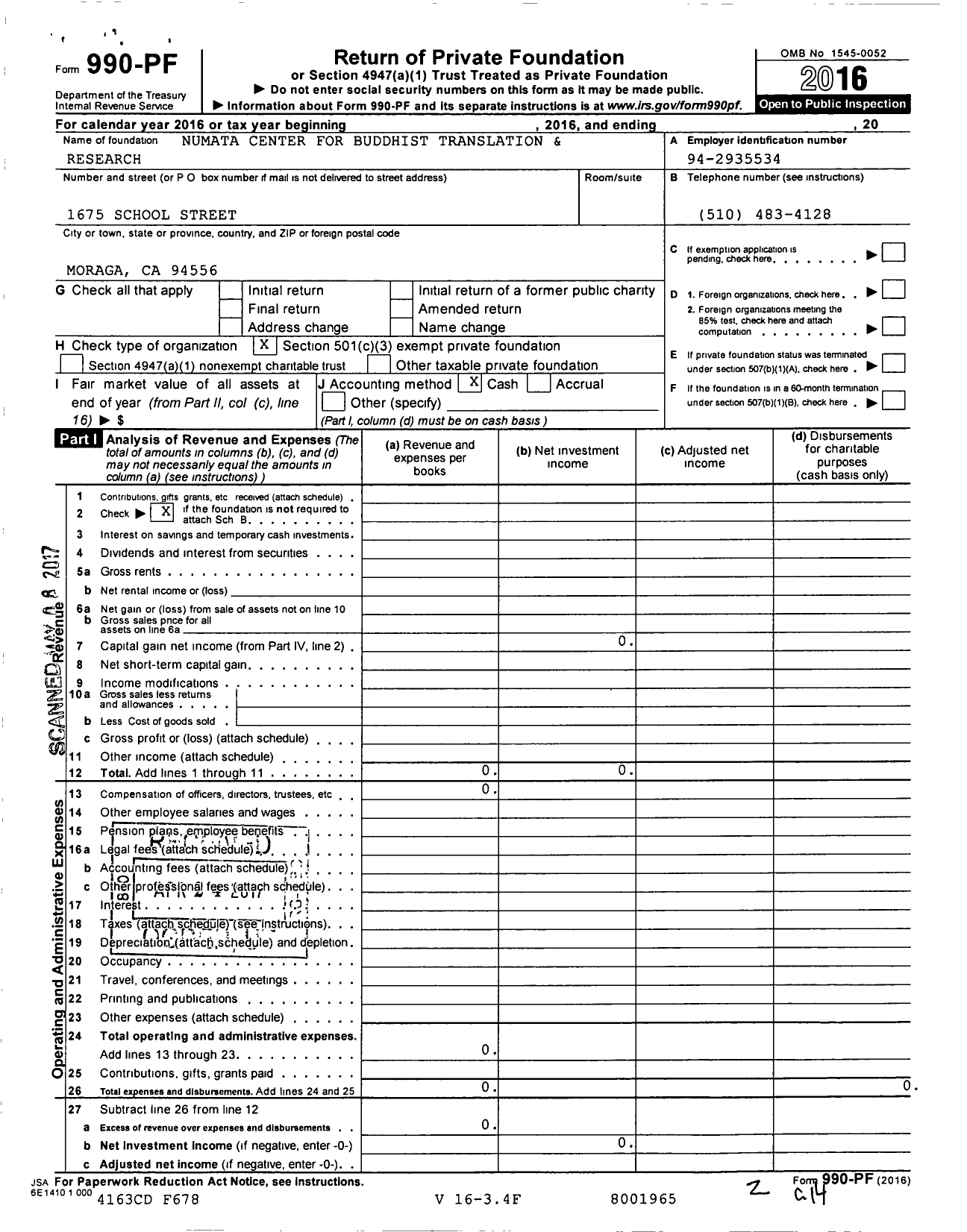 Image of first page of 2016 Form 990PF for Numata Center for Buddhist Translation and Research