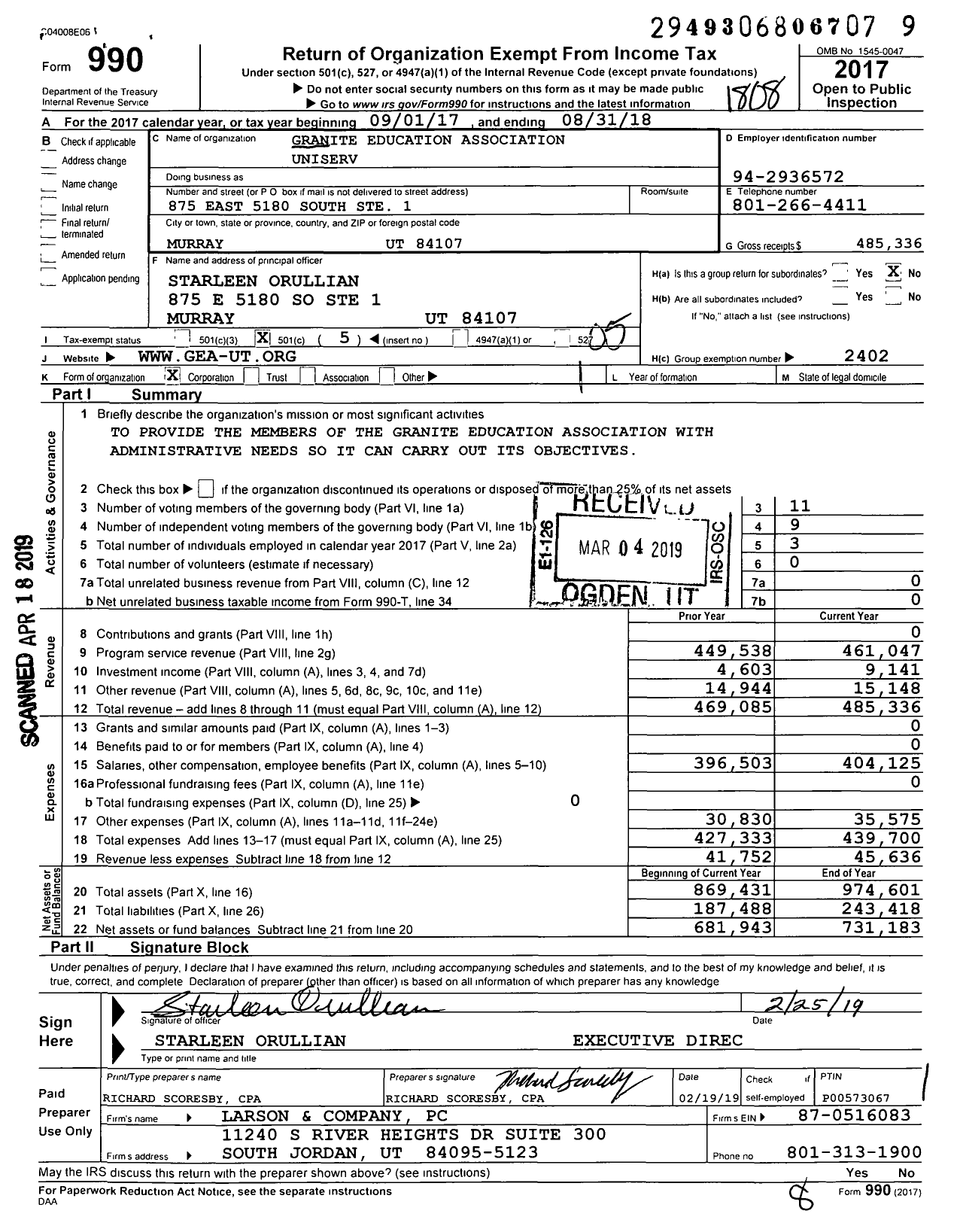 Image of first page of 2017 Form 990O for Granite Education Association Uniserv