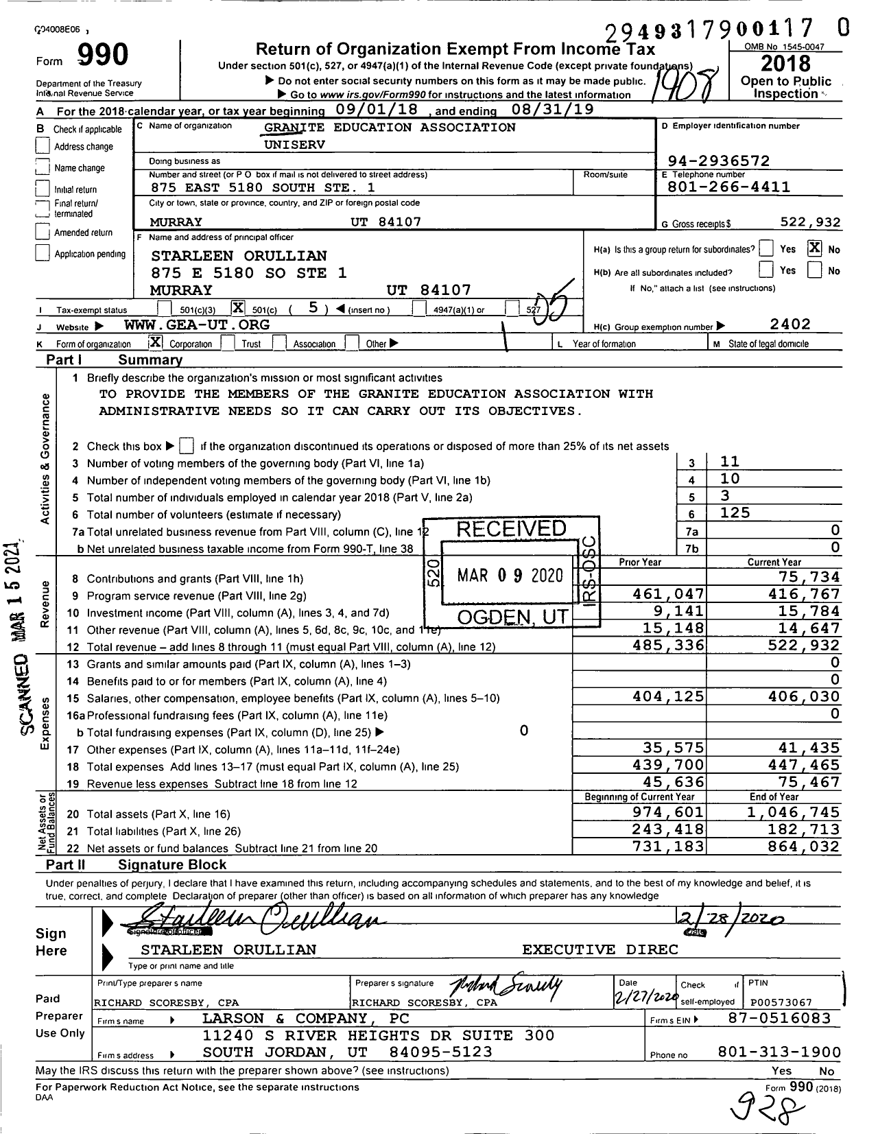 Image of first page of 2018 Form 990O for Granite Education Association Uniserv