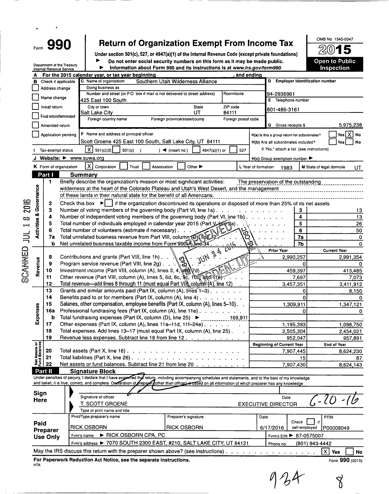 Image of first page of 2015 Form 990 for Southern Utah Wilderness Alliance (SUWA)