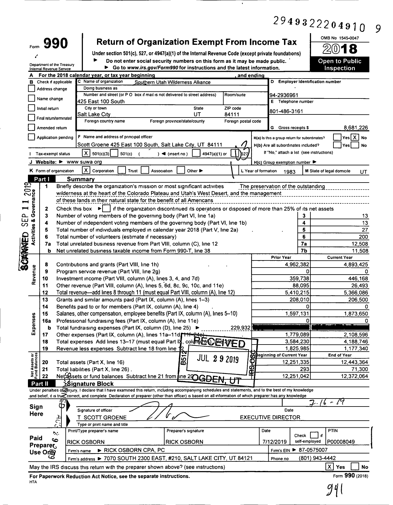Image of first page of 2018 Form 990 for Southern Utah Wilderness Alliance (SUWA)