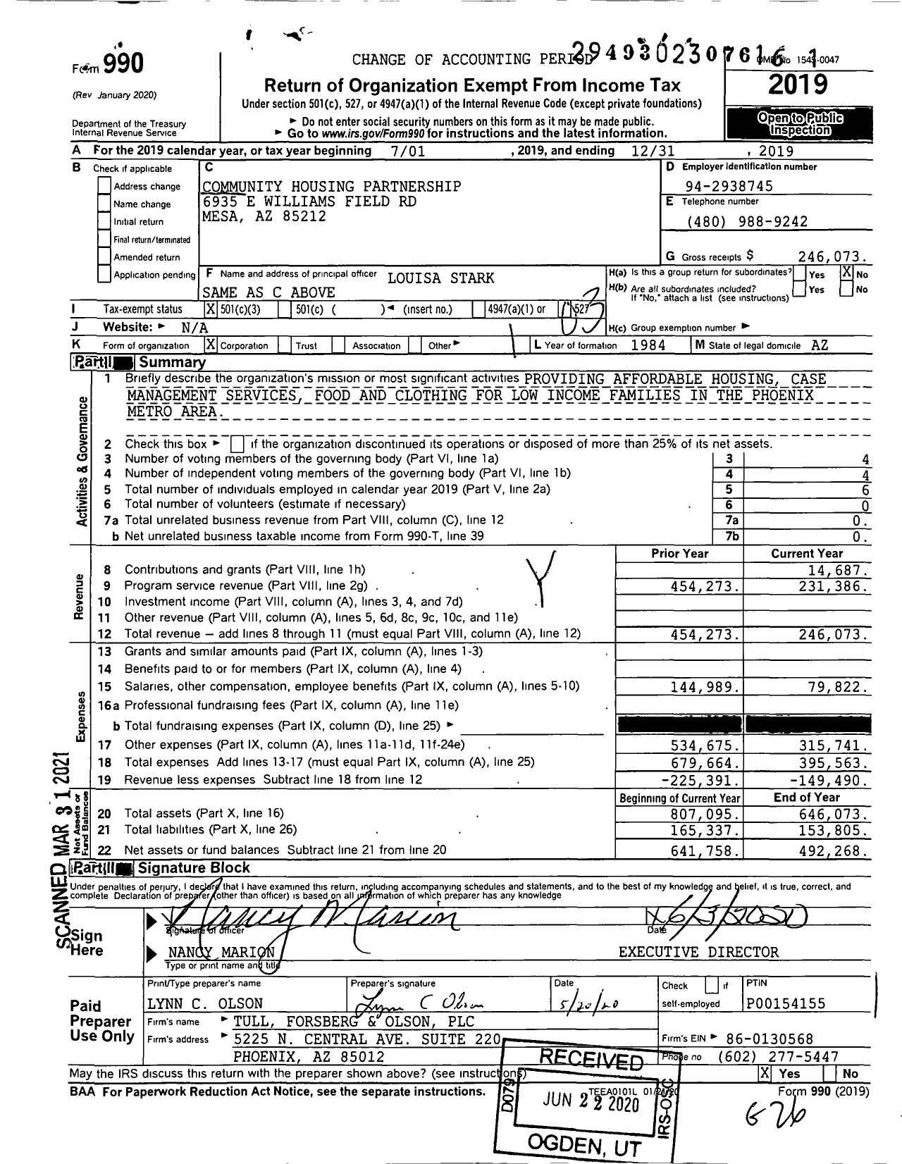 Image of first page of 2019 Form 990 for Community Housing Partnership