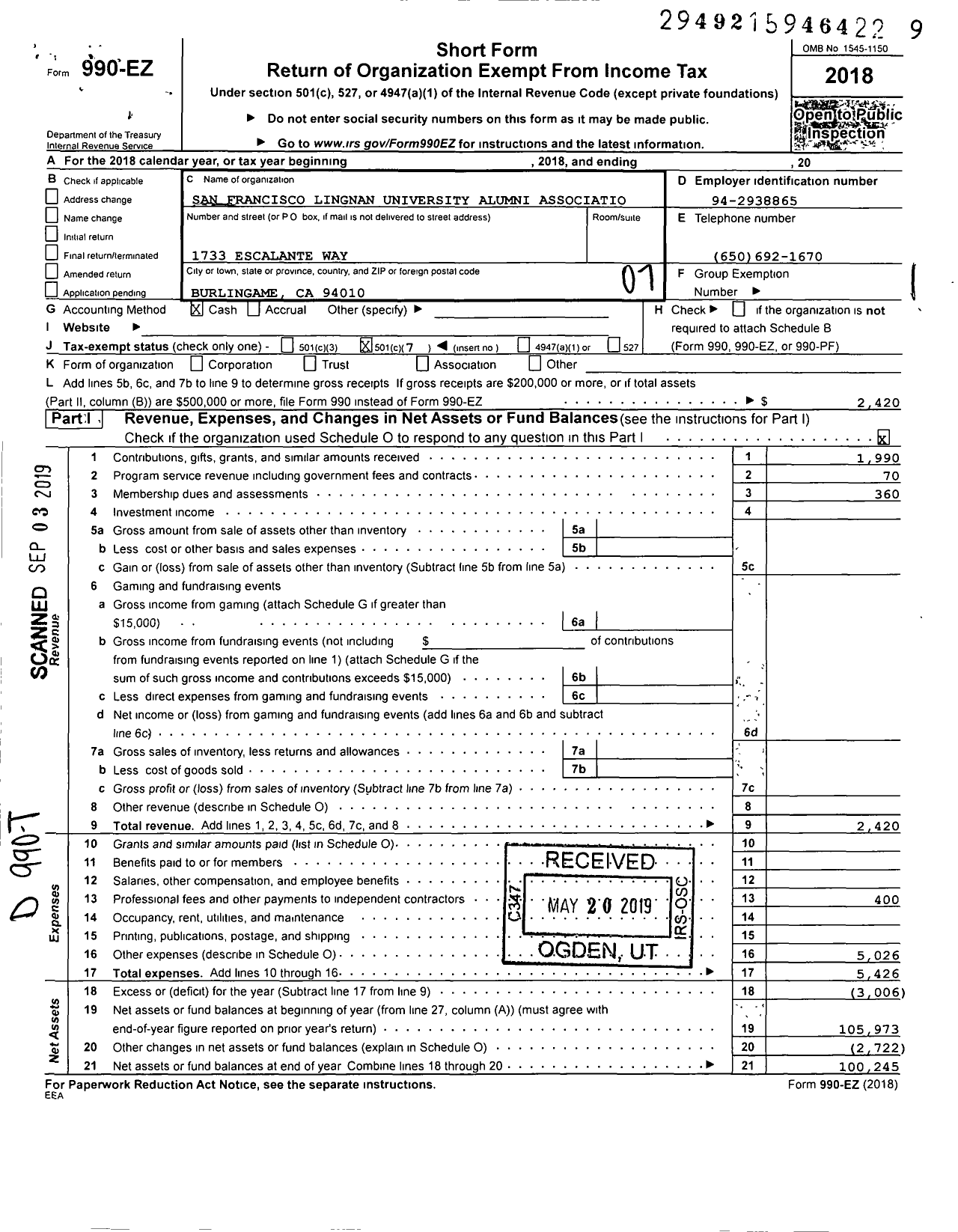 Image of first page of 2018 Form 990EO for San Francisco Lingnan University Alumni Association