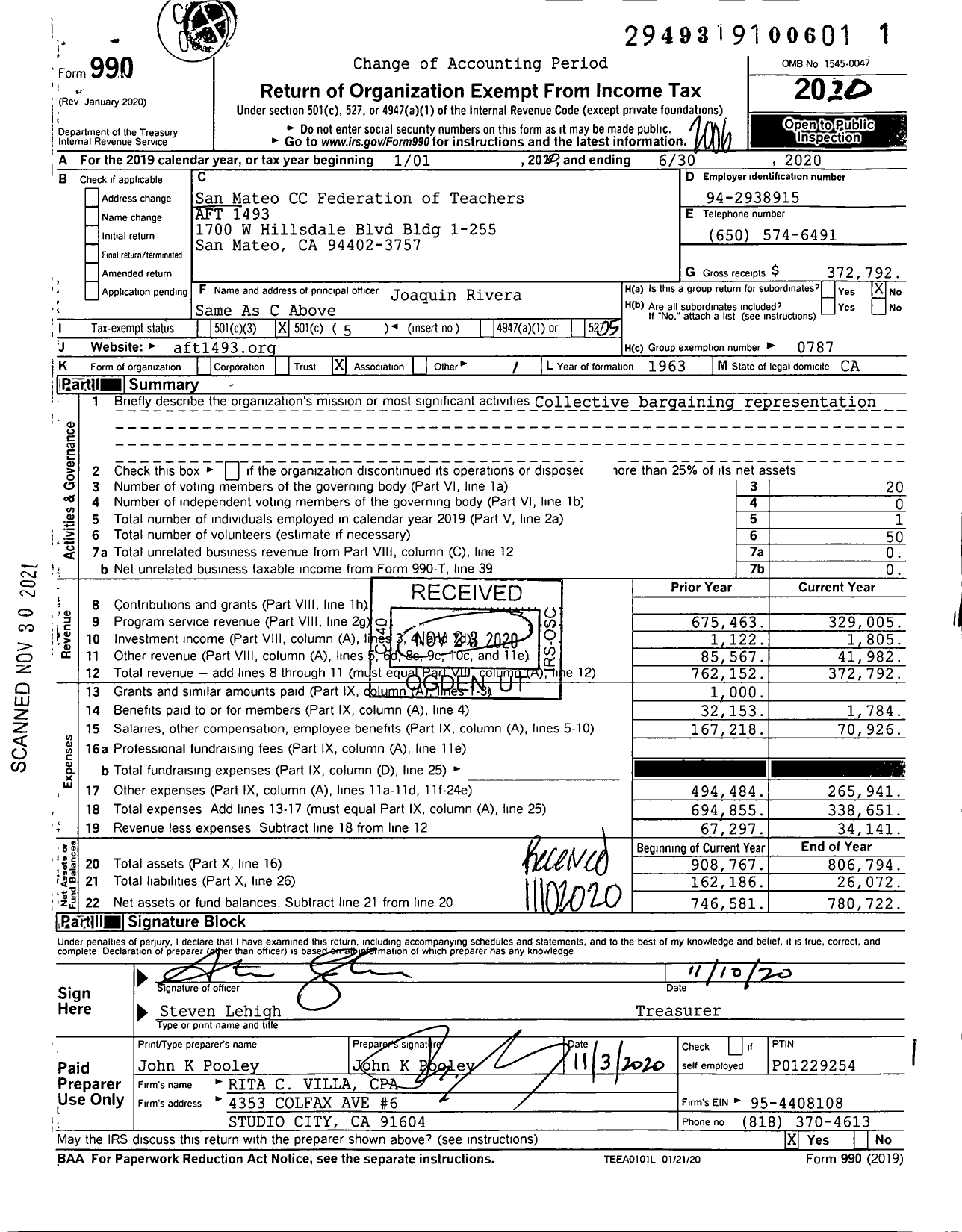 Image of first page of 2019 Form 990O for American Federation of Teachers - 1493 AFT San Mateo CC