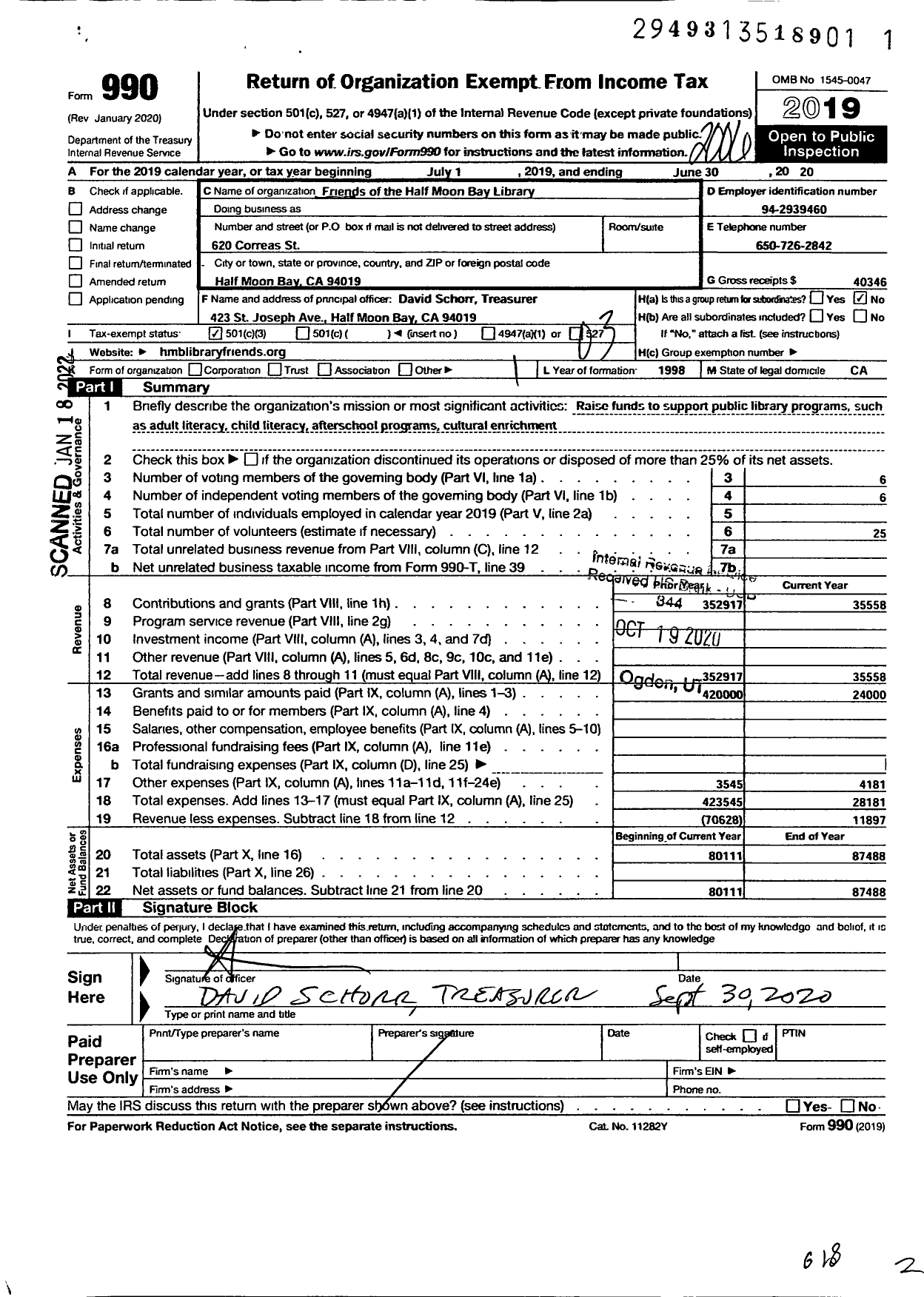 Image of first page of 2019 Form 990 for Friends of the Half Moon Bay Library