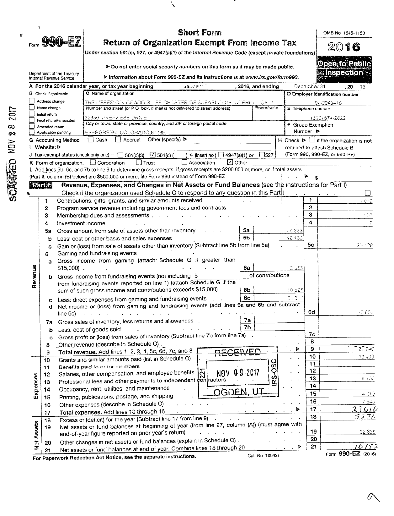 Image of first page of 2016 Form 990EO for Safari Club International / Upper Colorado River Chapter