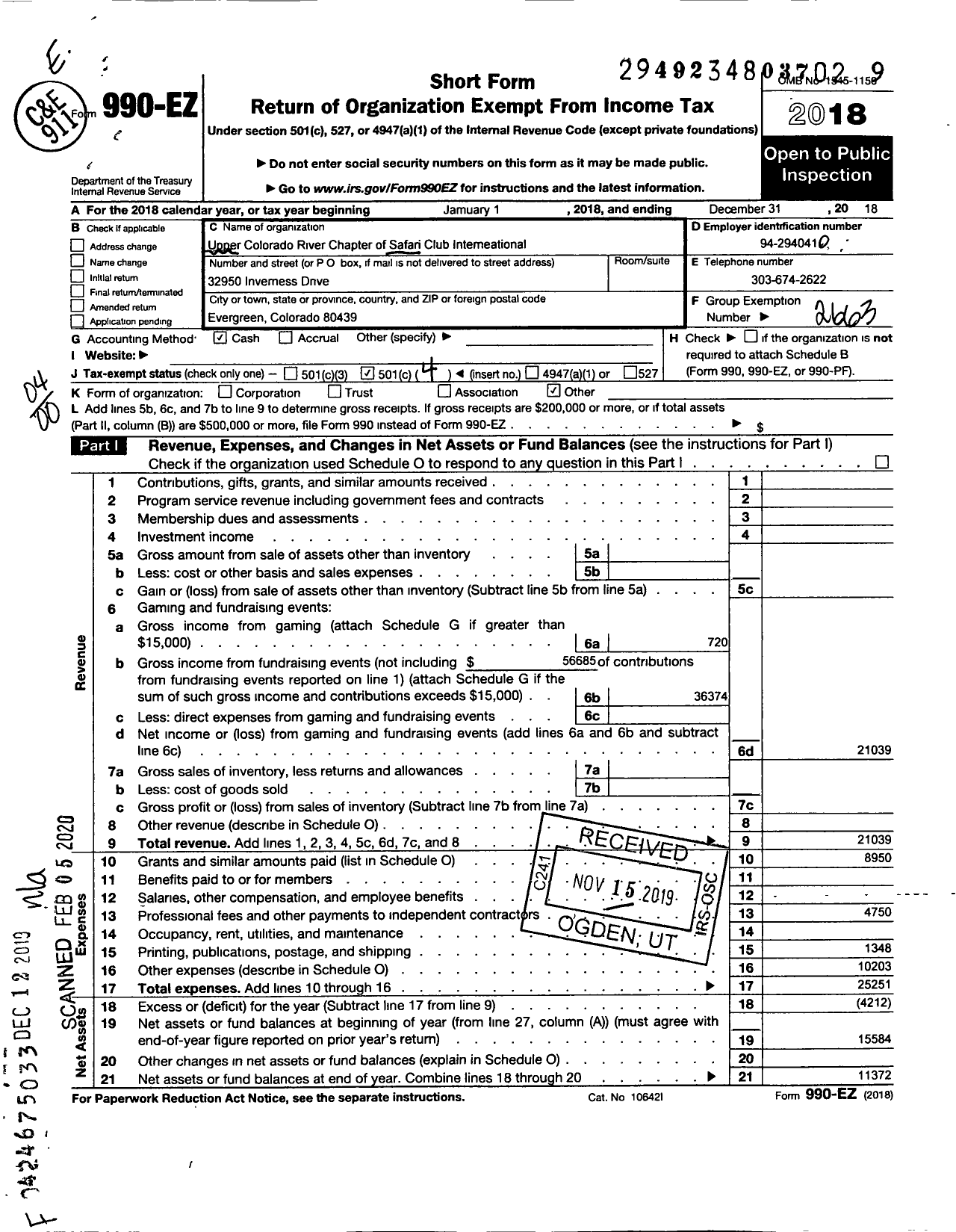 Image of first page of 2018 Form 990EO for Safari Club International / Upper Colorado River Chapter