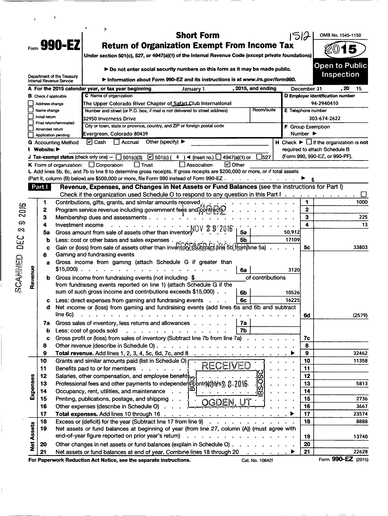 Image of first page of 2015 Form 990EO for Safari Club International / Upper Colorado River Chapter