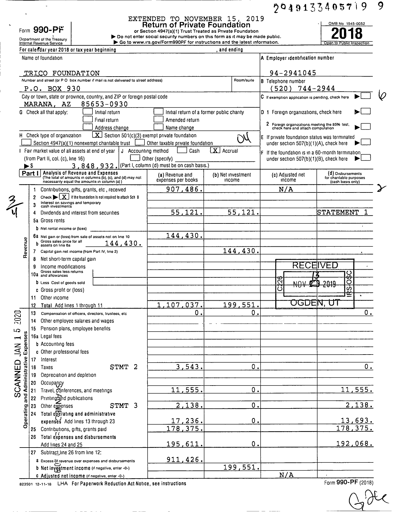 Image of first page of 2018 Form 990PF for Trico Foundation