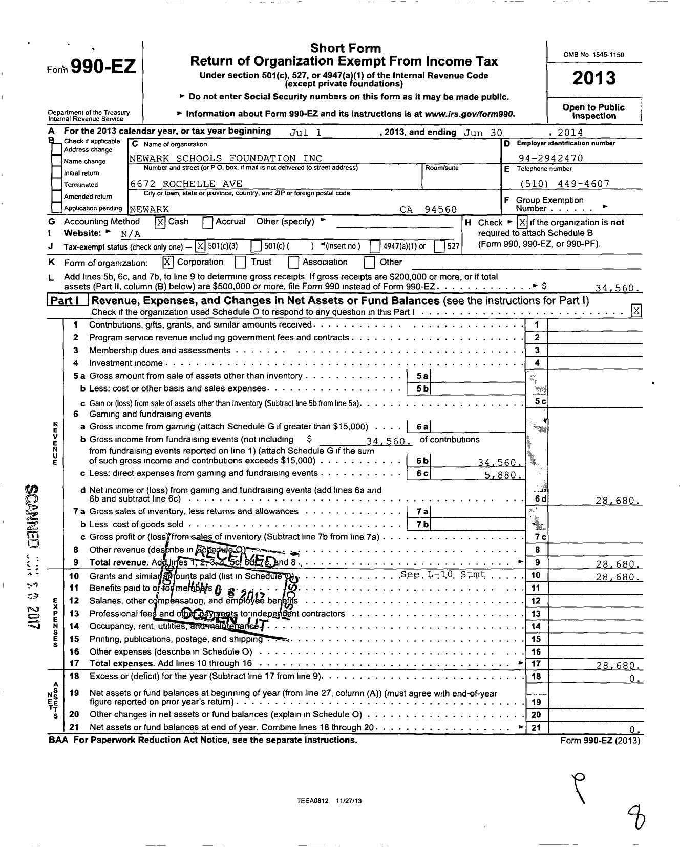 Image of first page of 2013 Form 990EZ for Newark Schools Foundation