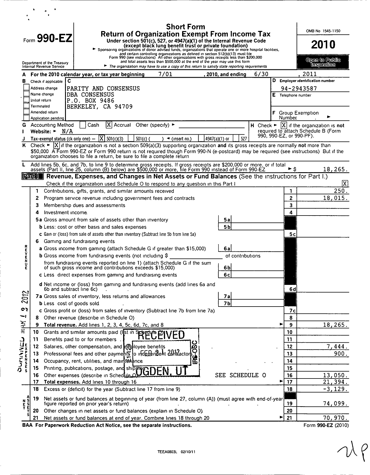 Image of first page of 2010 Form 990EZ for Parity and Consensus