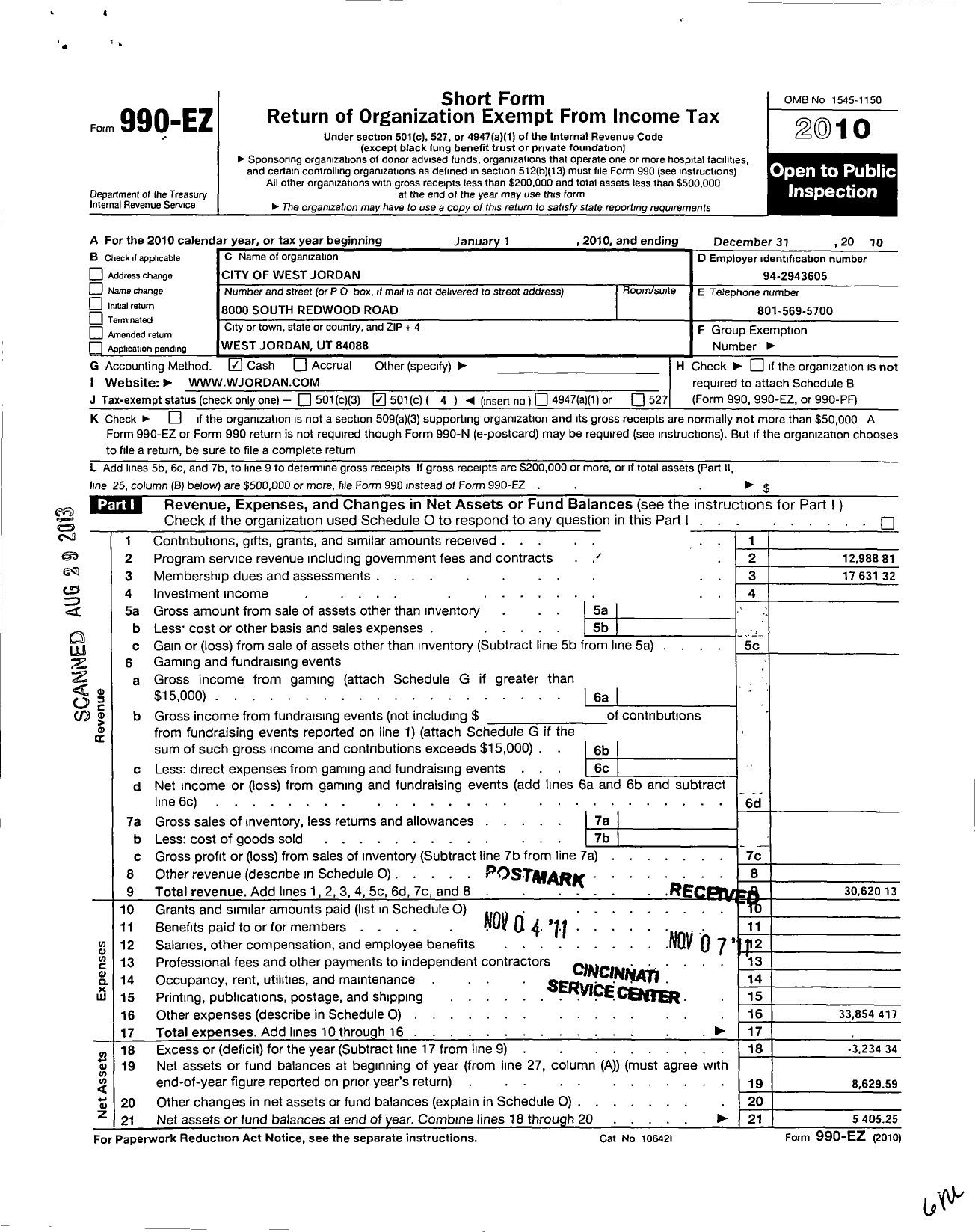 Image of first page of 2010 Form 990EO for West Jordan City Employees Association