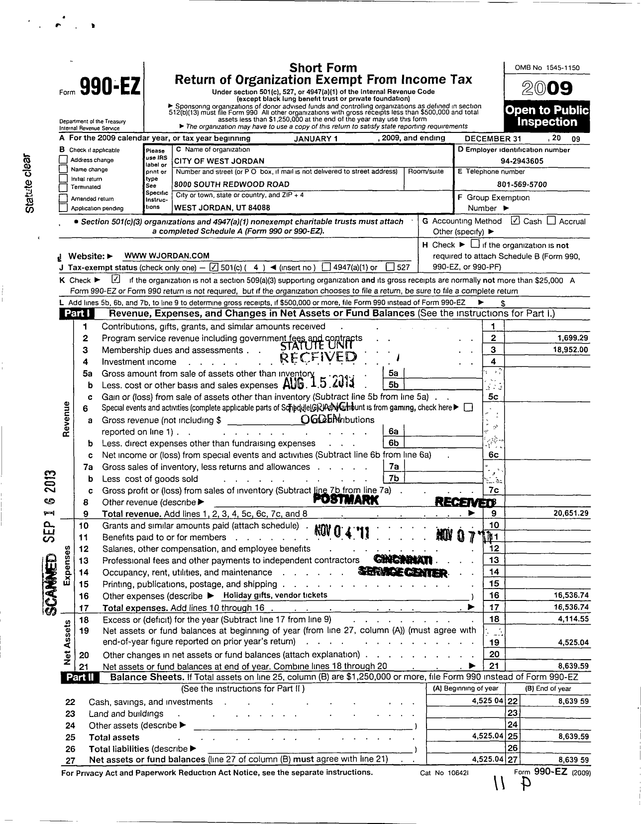 Image of first page of 2009 Form 990EO for West Jordan City Employees Association