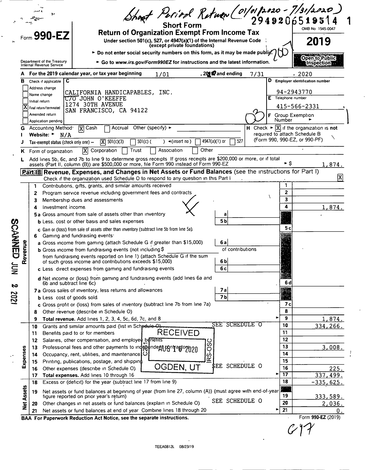 Image of first page of 2019 Form 990EZ for California Handicapables