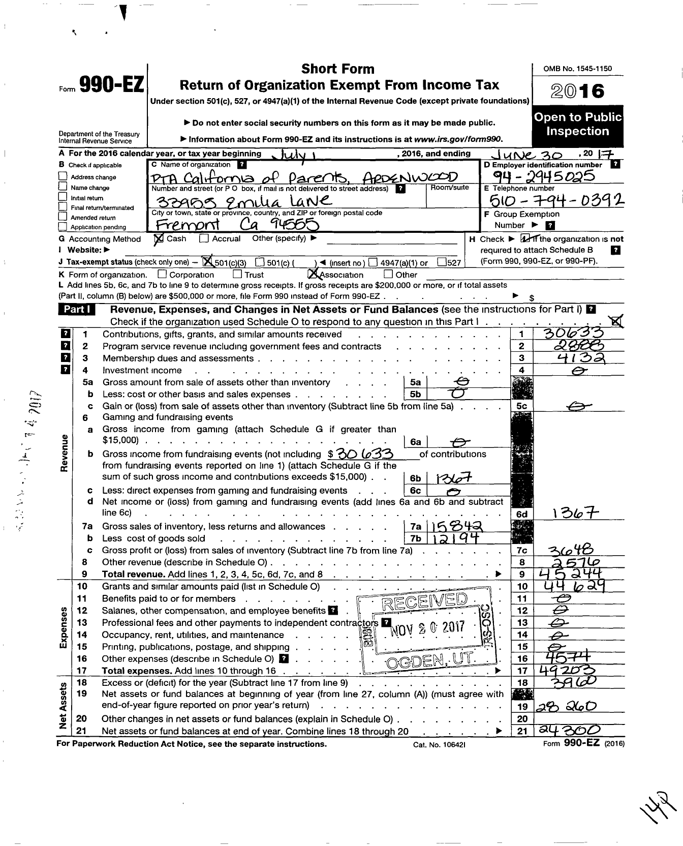 Image of first page of 2016 Form 990EZ for California State PTA - Ardenwood Elementary PTA