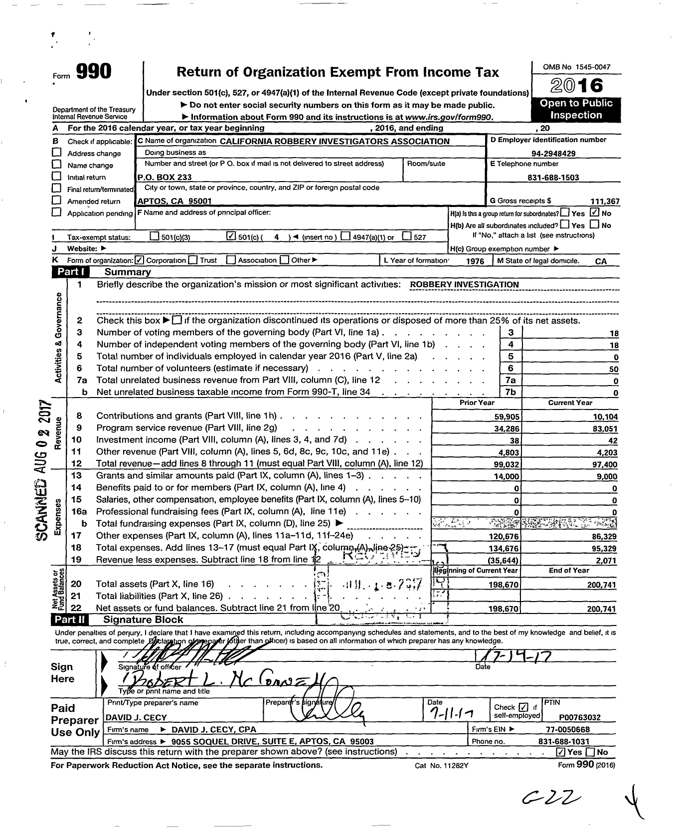 Image of first page of 2016 Form 990O for California Robbery Investigators Association