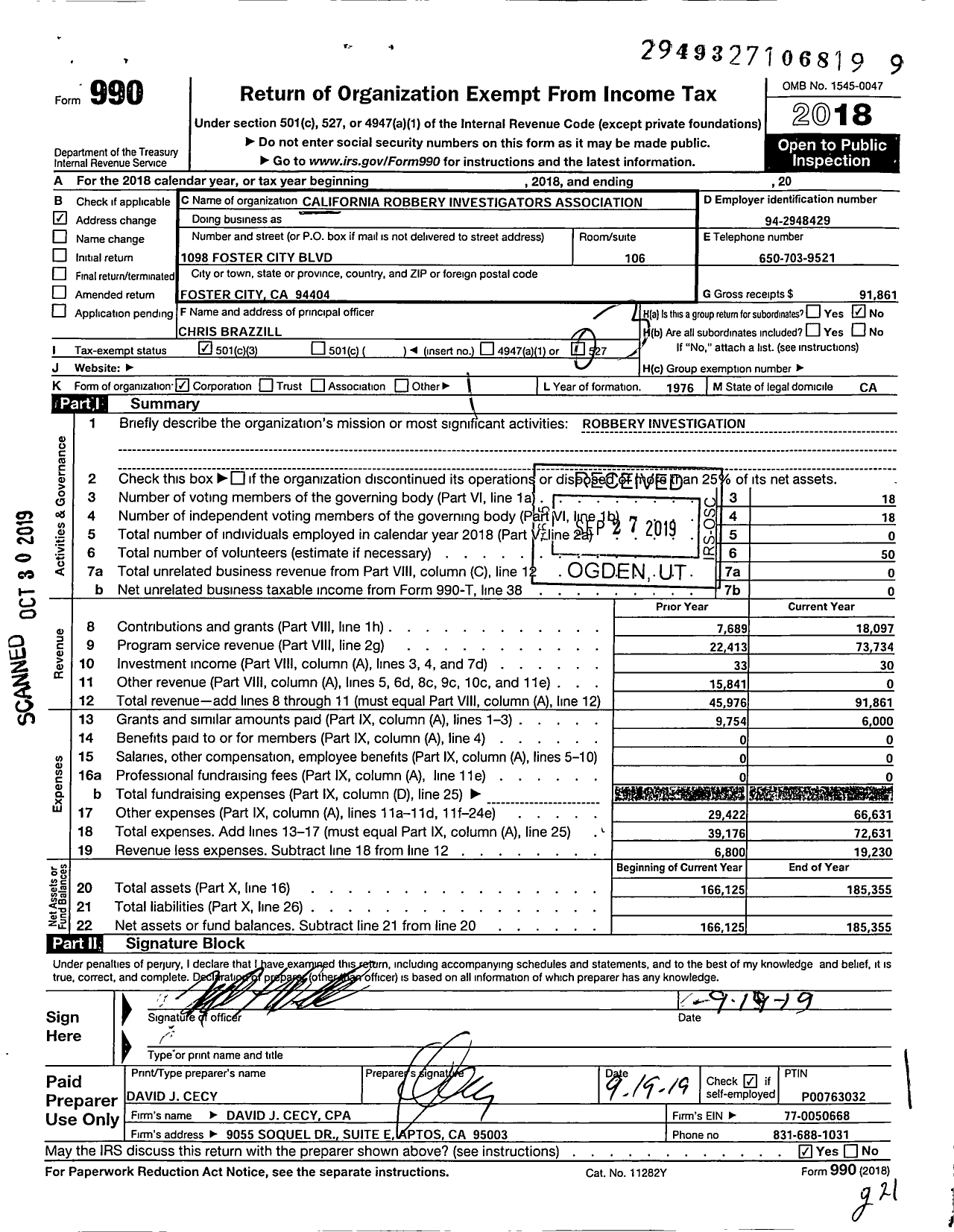 Image of first page of 2018 Form 990 for California Robbery Investigators Association