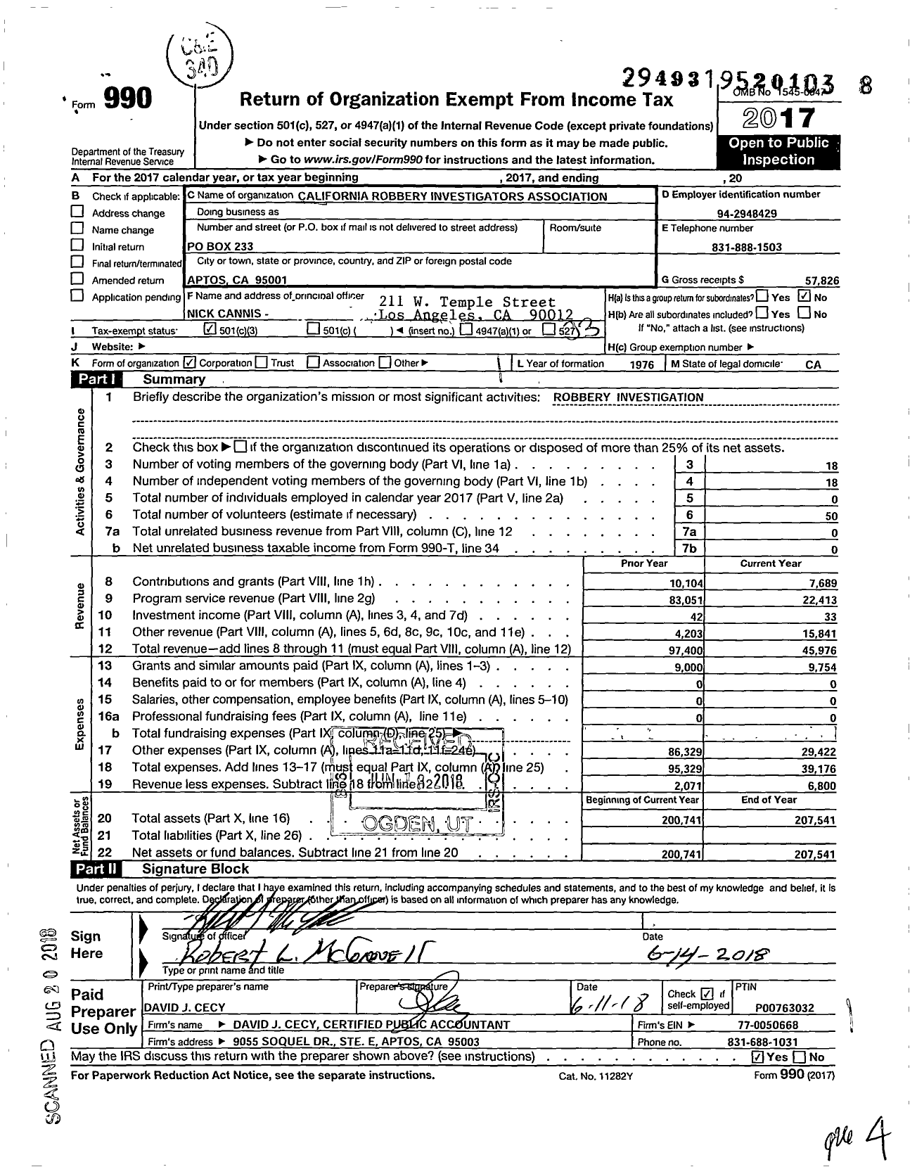 Image of first page of 2017 Form 990 for California Robbery Investigators Association