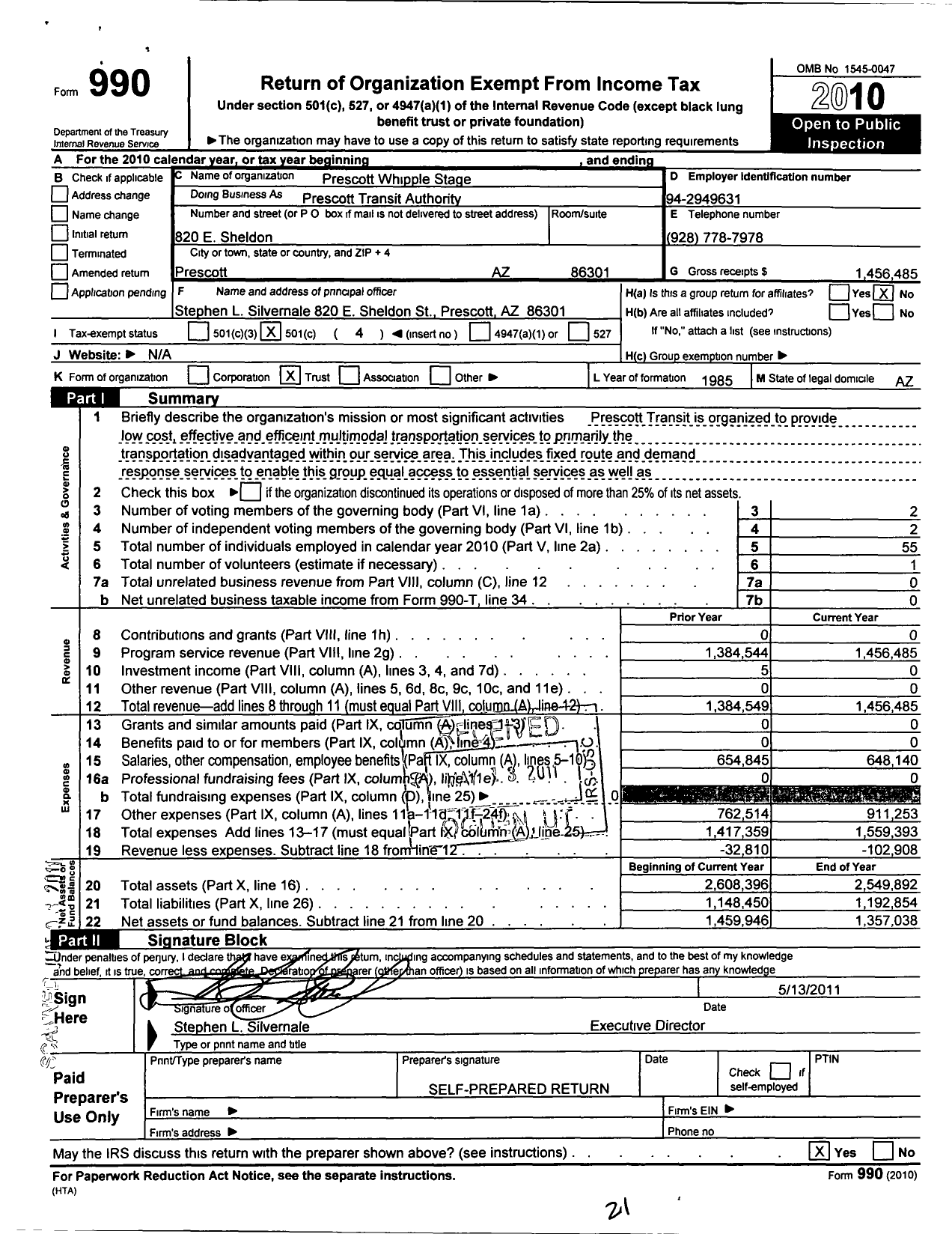 Image of first page of 2010 Form 990O for Prescott Whipple Stage