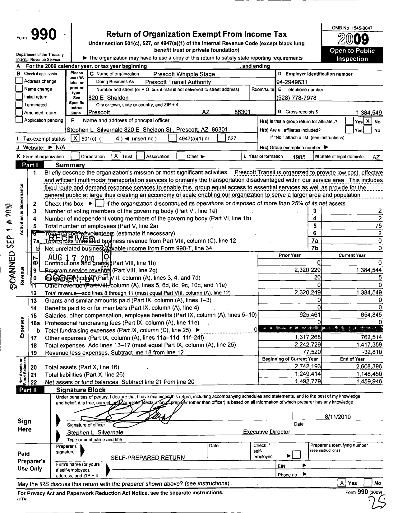 Image of first page of 2009 Form 990O for Prescott Whipple Stage