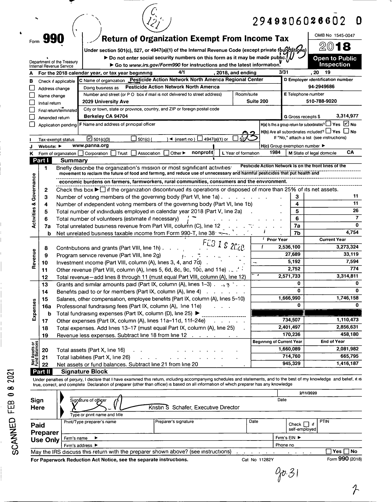 Image of first page of 2018 Form 990 for Pesticide Action Network North America