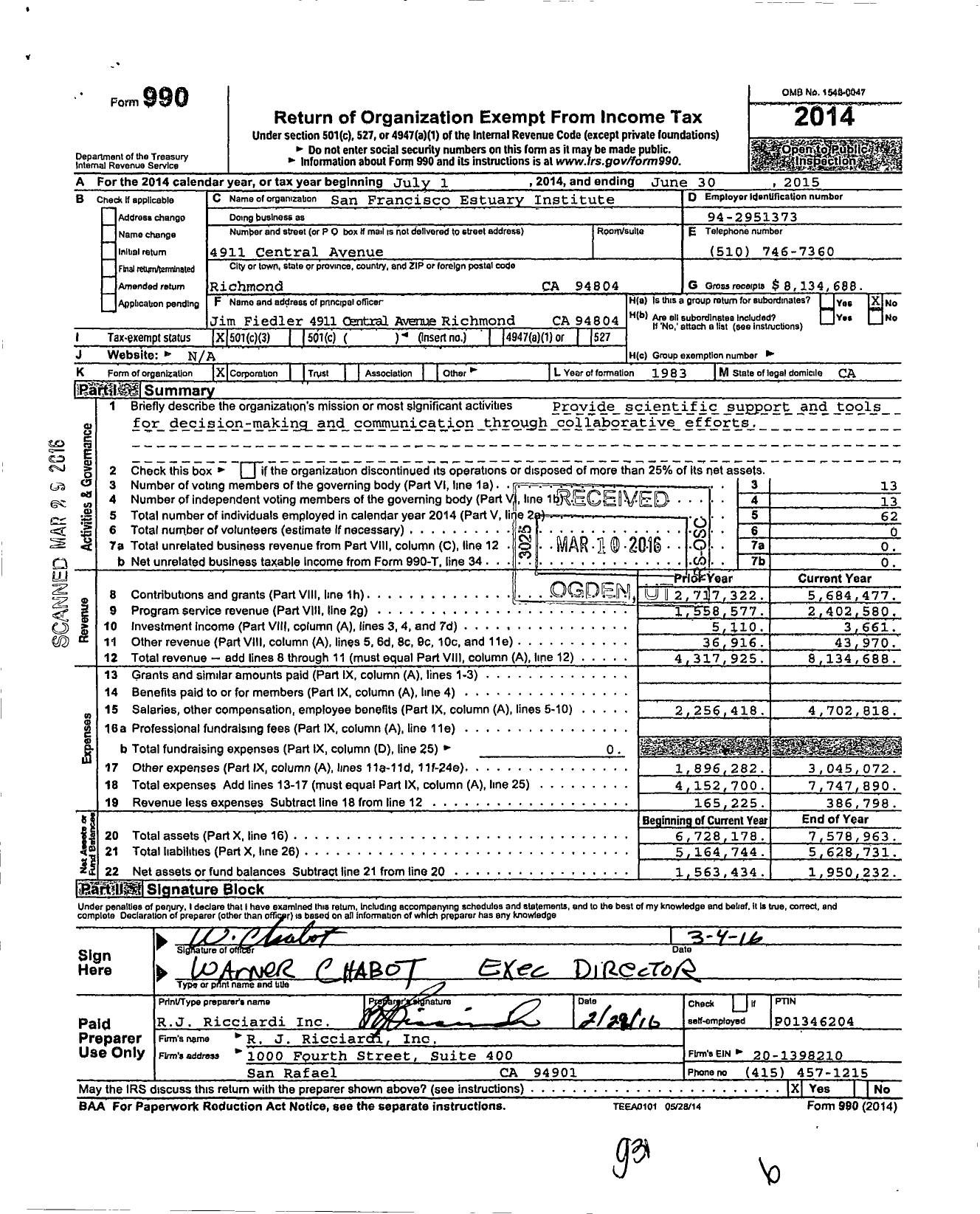 Image of first page of 2014 Form 990 for San Francisco Estuary Institute