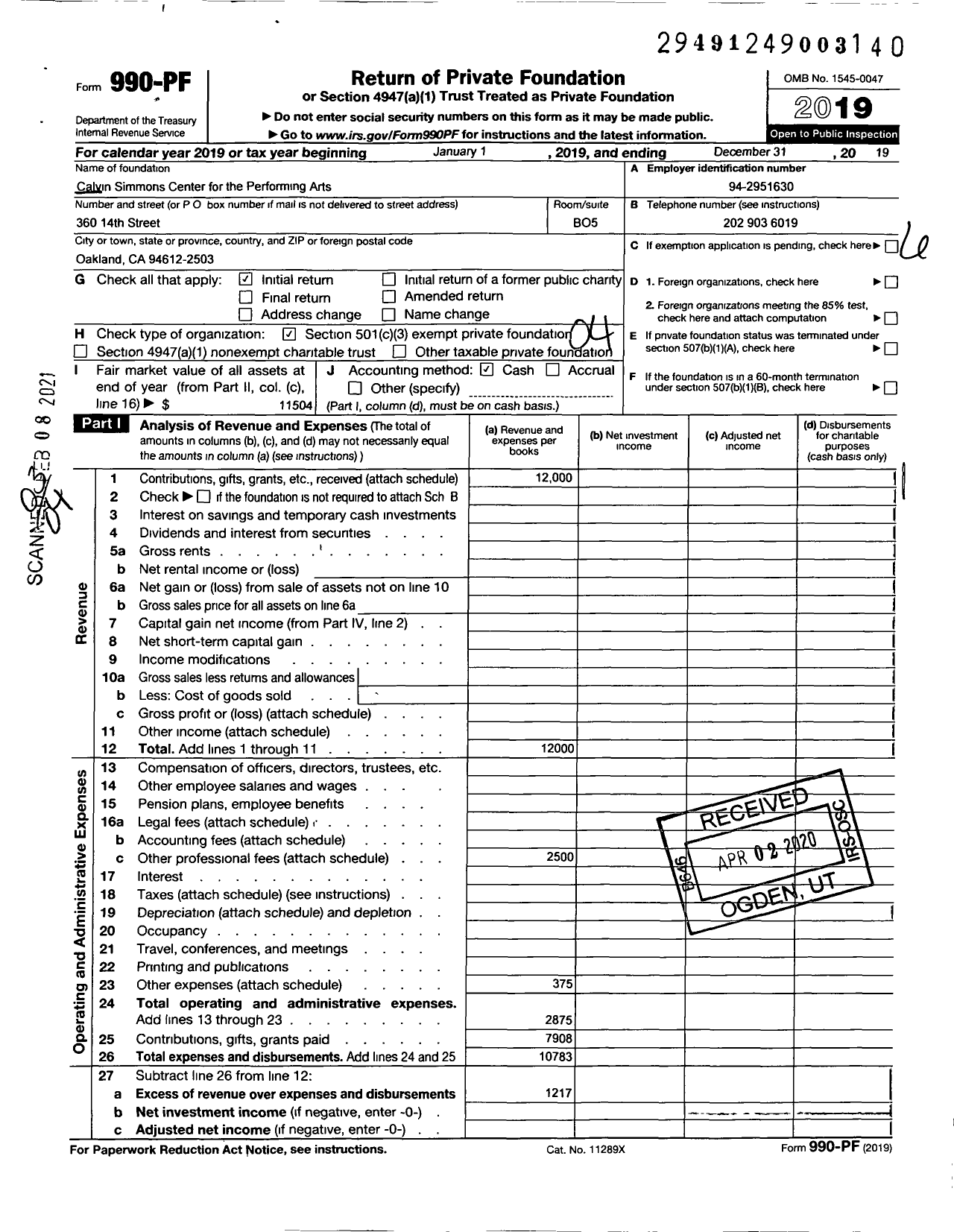Image of first page of 2019 Form 990PF for Calvin Simmons Center for the Performing Arts