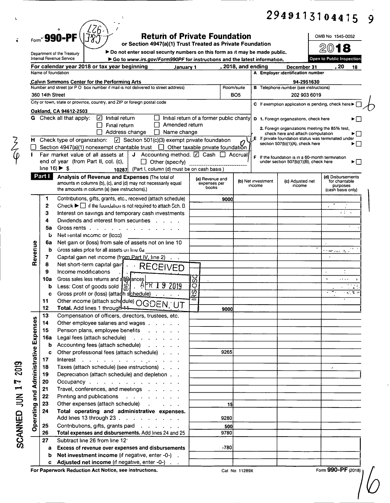Image of first page of 2018 Form 990PF for Calvin Simmons Center for the Performing Arts