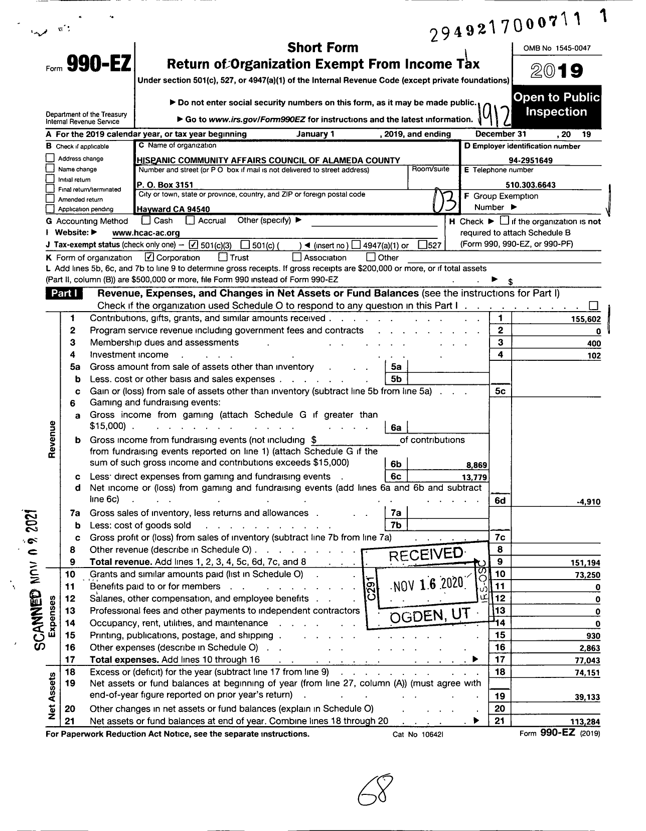 Image of first page of 2019 Form 990EZ for Hispanic Community Affairs Council of Alameda County