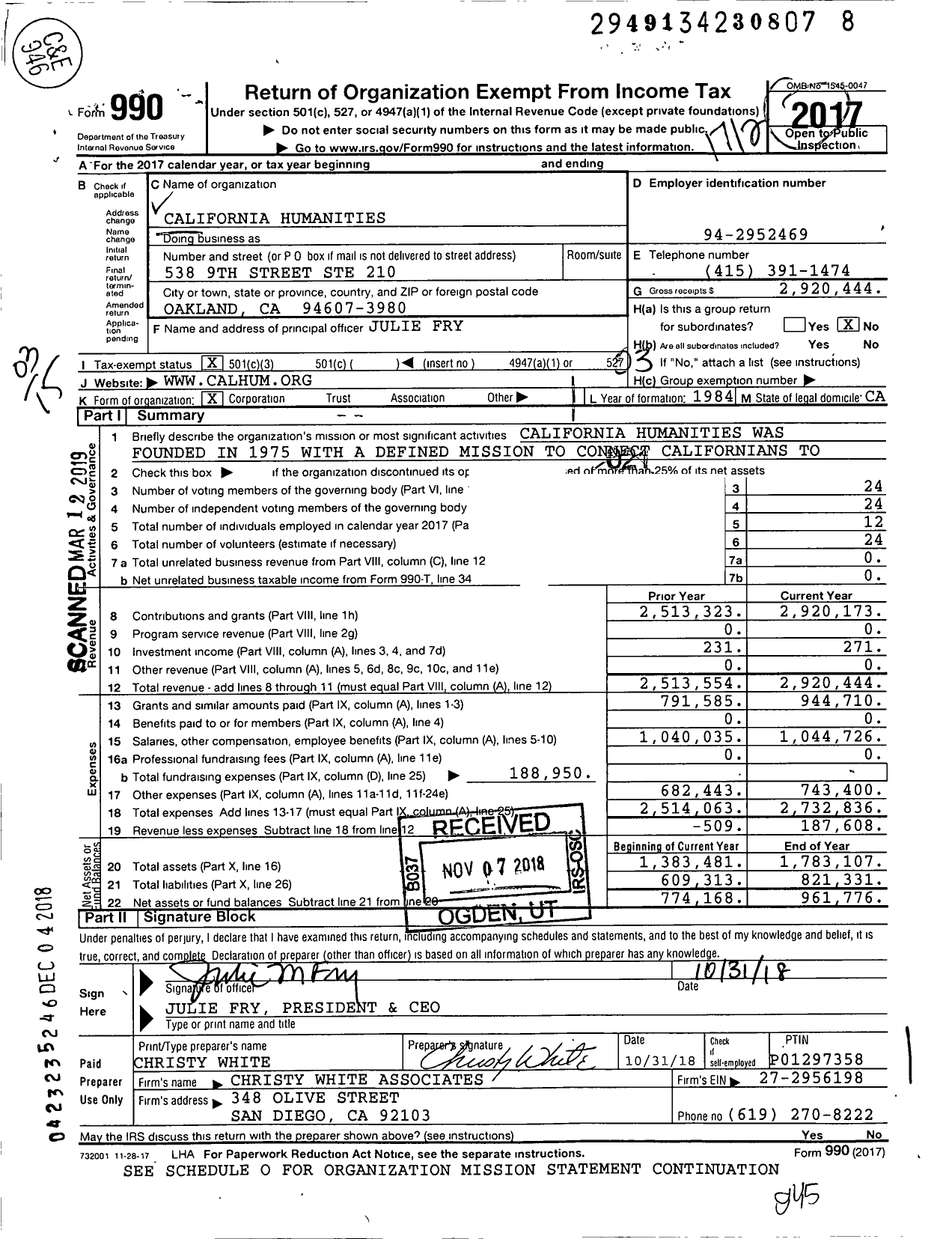 Image of first page of 2017 Form 990 for California Humanities